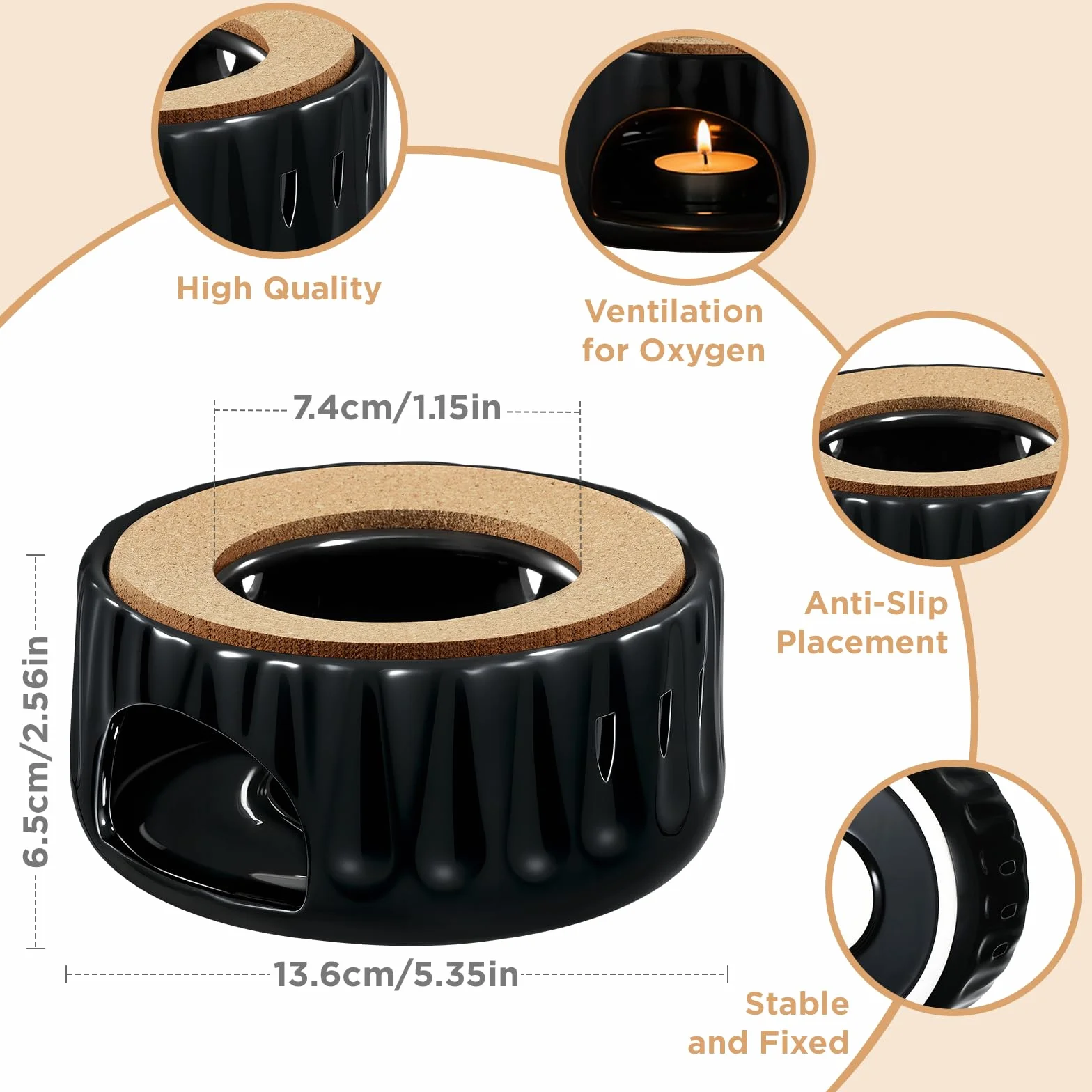 ecooe ceramiczny podgrzewacz do herbaty i kawy, czarny, podgrzewacz do herbaty i kawy z ceramiki, podgrzewacz do herbaty z wydrążonym wnętrzem, rzeźbiony wzór, porcelanowy podgrzewacz do herbaty