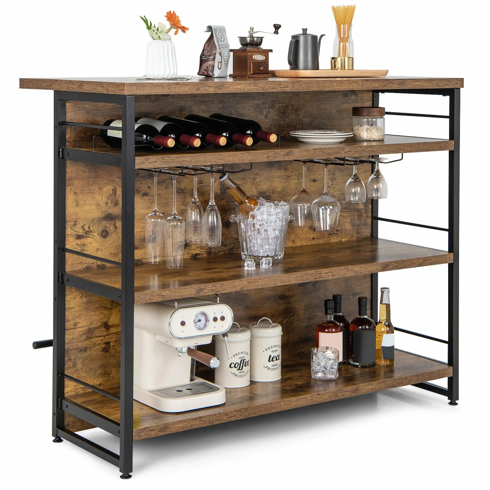COSTWAY Domowy Bar, Regał Kuchenny z 4 Otwartymi Półkami, Stojak na Wino i Uchwyt na Kieliszki, 120 x 60 x 101 cm Rustykalny