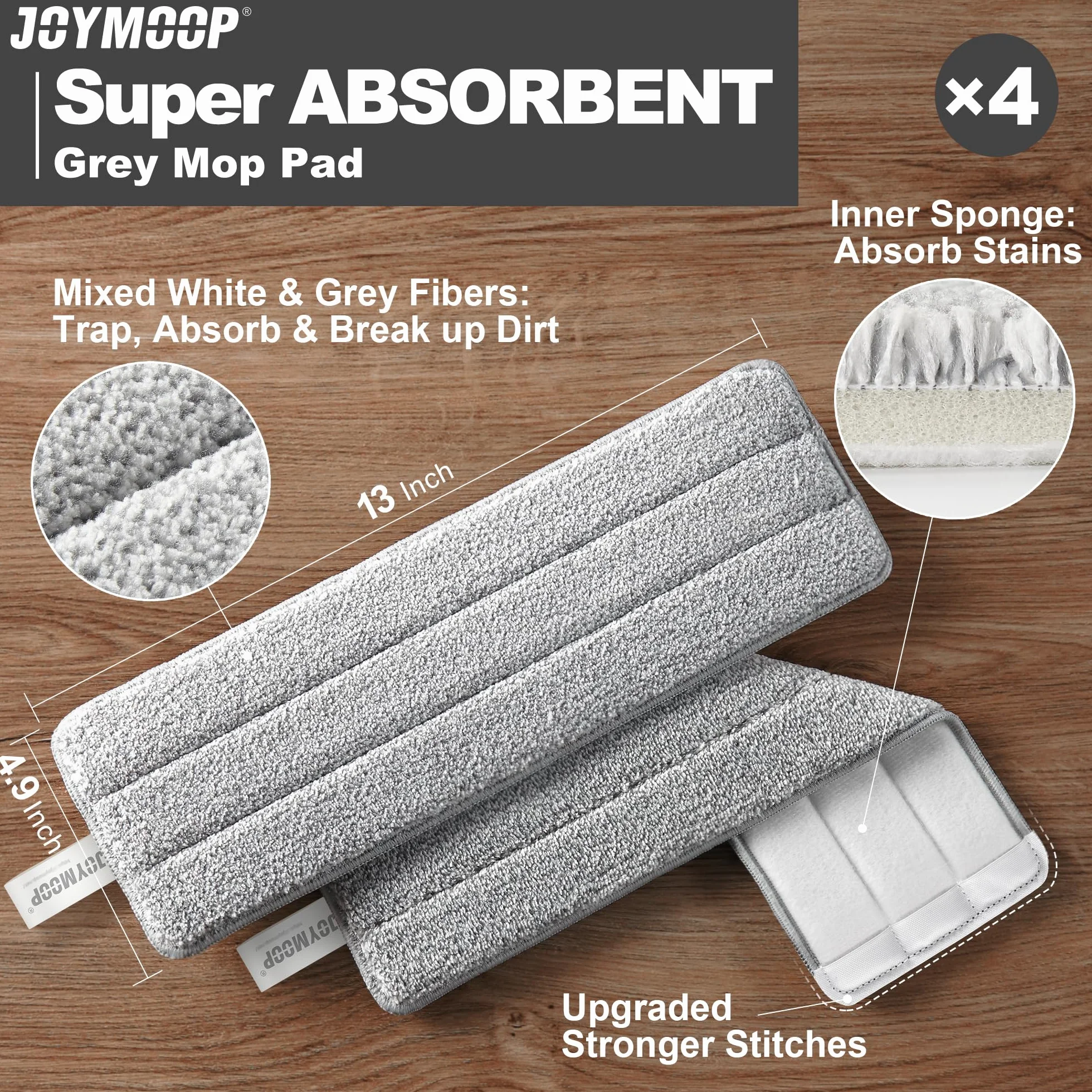 JOYMOOP Wymienne podkładki do mopa z mikrofibry, 4 sztuki, 33 cm x 12,4 cm, podwójne szare i paski do czyszczenia na mokro i na sucho, kompatybilne z płaskimi głowicami do mopa z mikrofibry, można