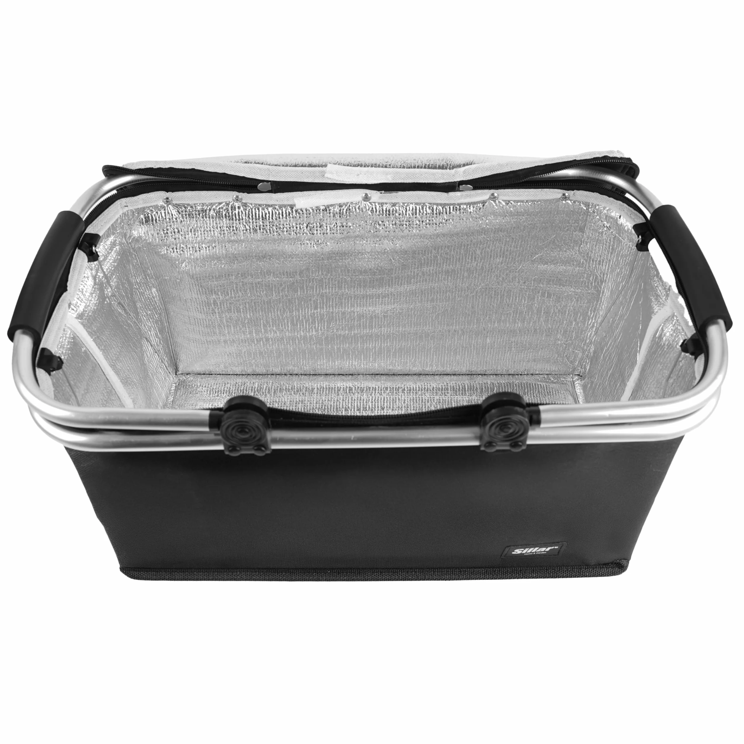 Sillar Termiczny Koszyk na zakupy 25 l – Składany kosz z pokrywą zapinaną na zamek błyskawiczny i aluminiową ramą, wodoodporna, do zakupów i wycieczek – Czarny
