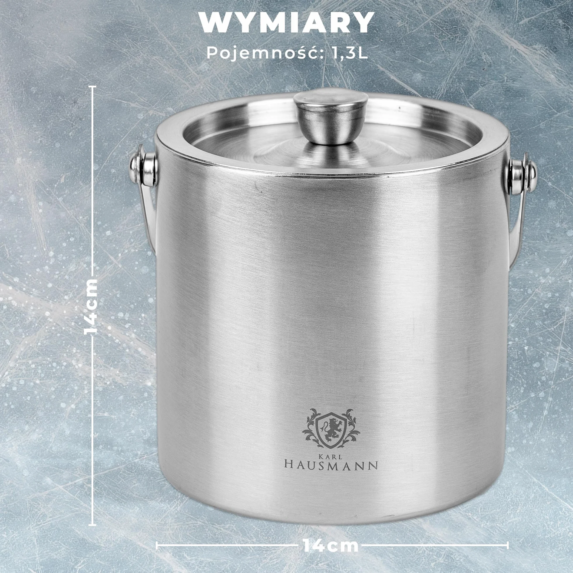 KARL HAUSMANN Wiaderko do Lodu 1,3L z Pokrywką, Szczypcami i Sitkiem - Srebrny Pojemnik na Lód Stal Nierdzewna, Podwójne Ścianki, Lód Suchy Dłużej, Do Drinków, Barku i Domu