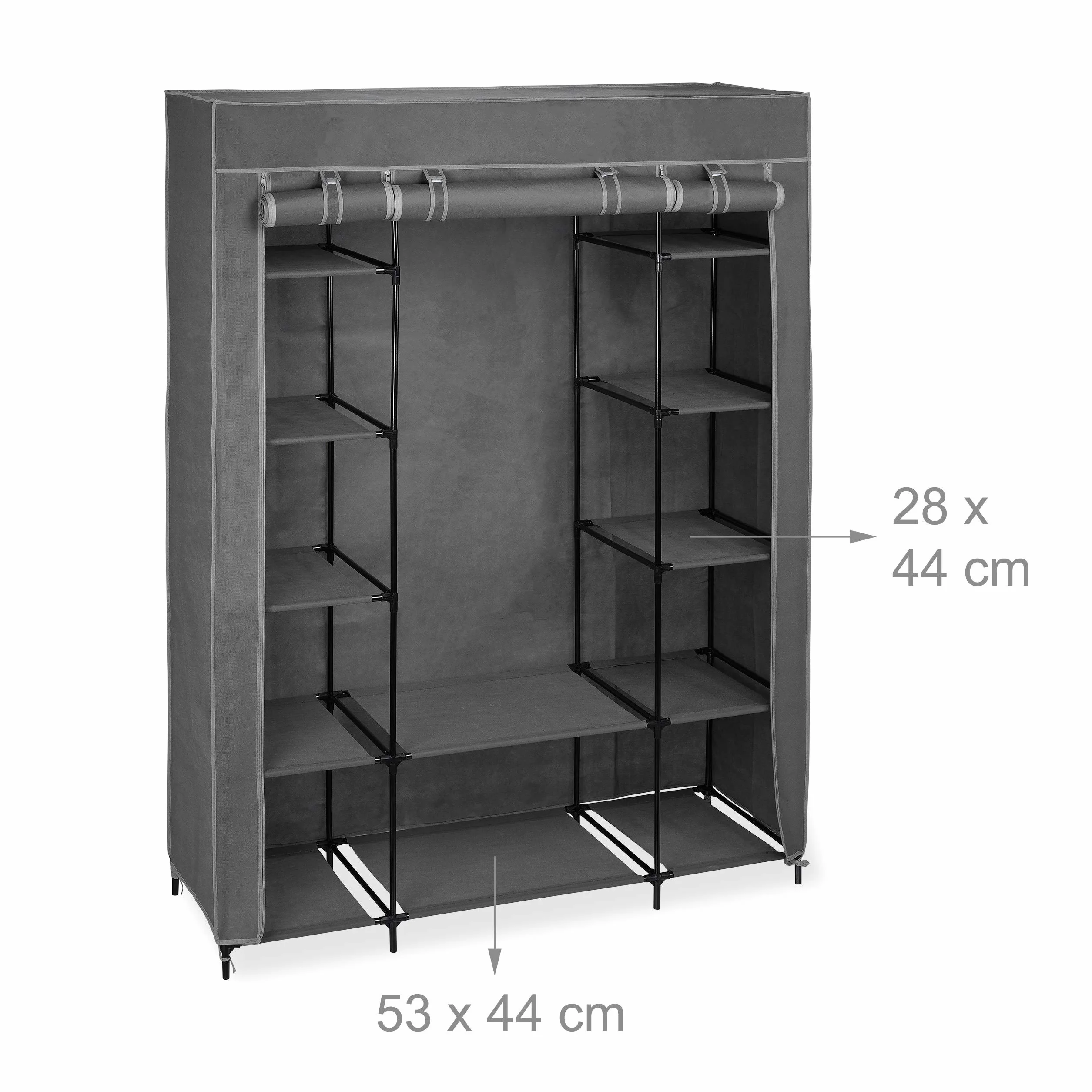 Relaxdays Szafa materiałowa z drążkiem na ubrania i 12 półkami, (wys. x szer. x gł.): 175 x 135 x 45 cm, szafa na ubrania z zamkiem błyskawicznym, antracytowa