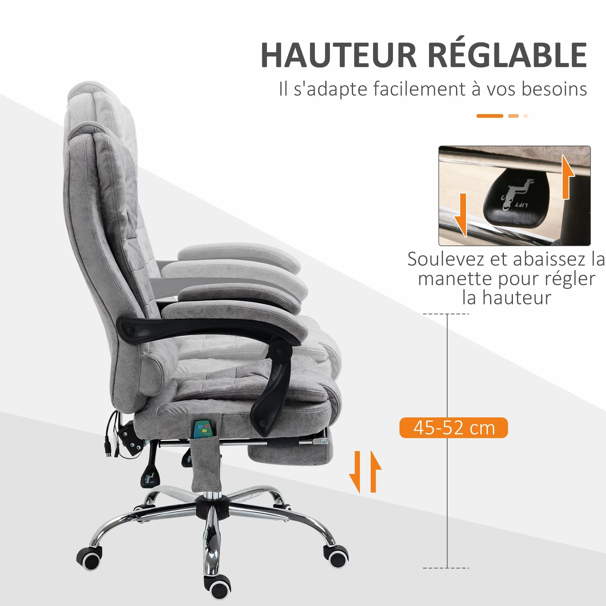 Vinsetto Fotel biurowy do masażu i ogrzewania, ergonomiczne krzesło biurowe z regulacją wysokości, odchylane oparcie, podnóżek, pilot przewodowy, obrotowy 360°, tkanina z mikrofibry, szary