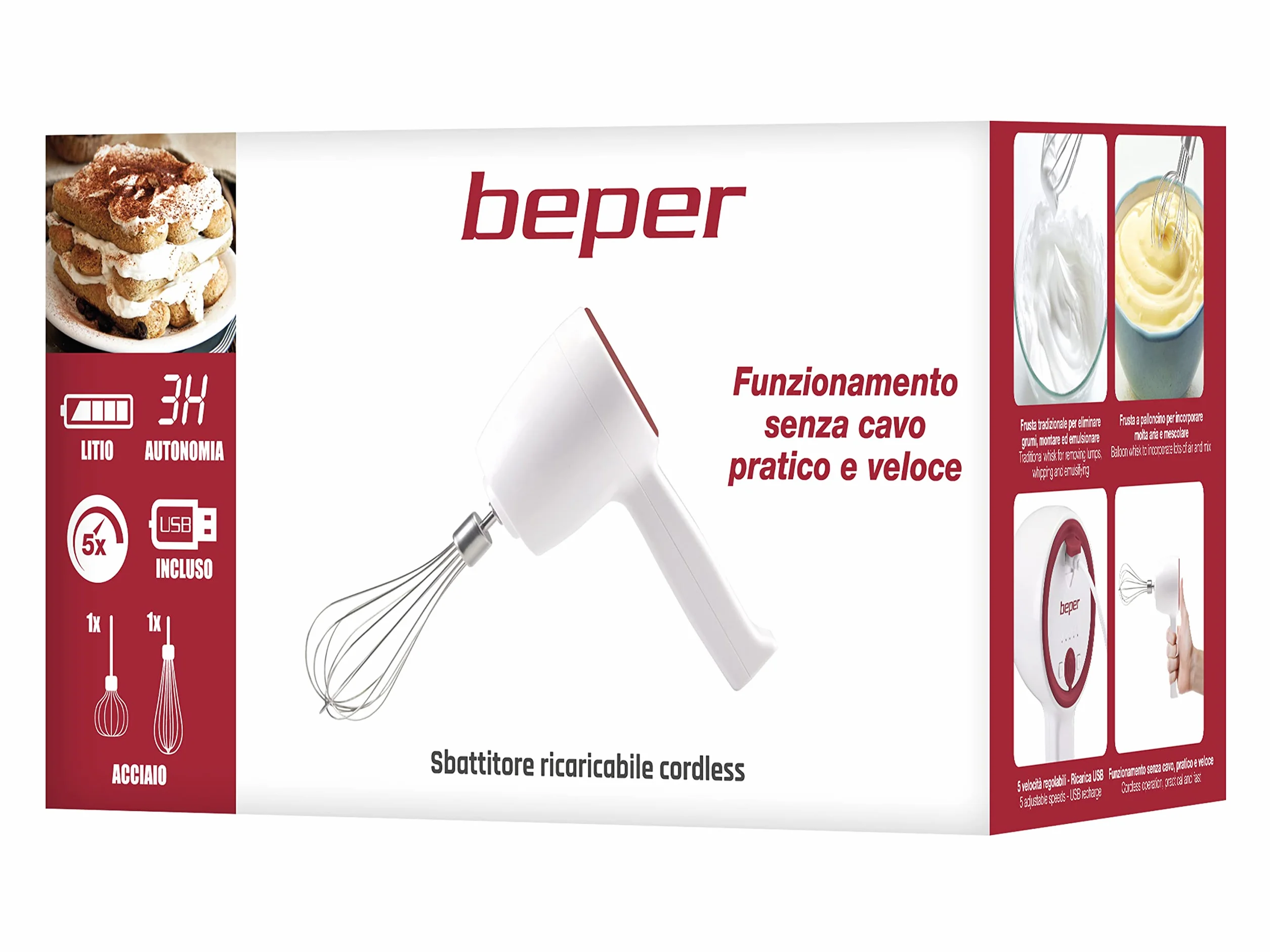 BEPER P102SBA007 Mikser ręczny 20 W 2 baty stal nierdzewna 5 prędkości USB