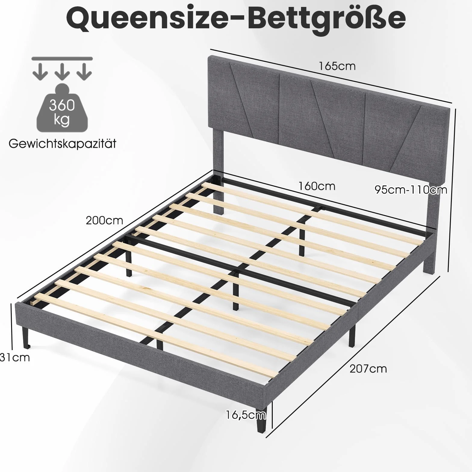 COSTWAY Łóżko tapicerowane ze stelażem z listew, rama łóżka z drewna z zagłówkiem o regulowanej wysokości z tkaniny lnianej, rama łóżka bez materaca, szare (160 x 200 cm)