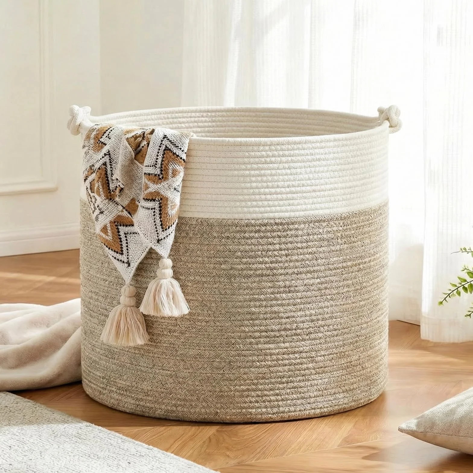 COSYLAND Okrągły kosz na bieliznę 88 l z liny bawełnianej, duży z uchwytami, 56 x 36 cm, biały i khaki