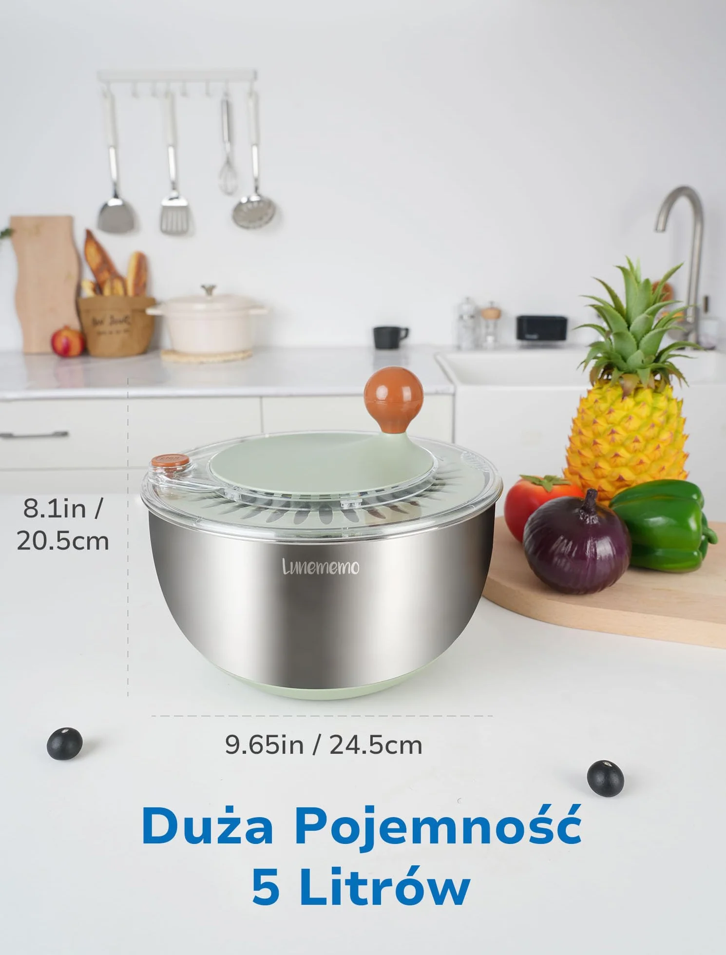 Lunememo Wirówka do Sałaty ze Stali Nierdzewnej, Antypoślizgowym Spodem, Przyciskiem Stop, Wirówka do Owoców i Warzyw, Bez BPA, 5L