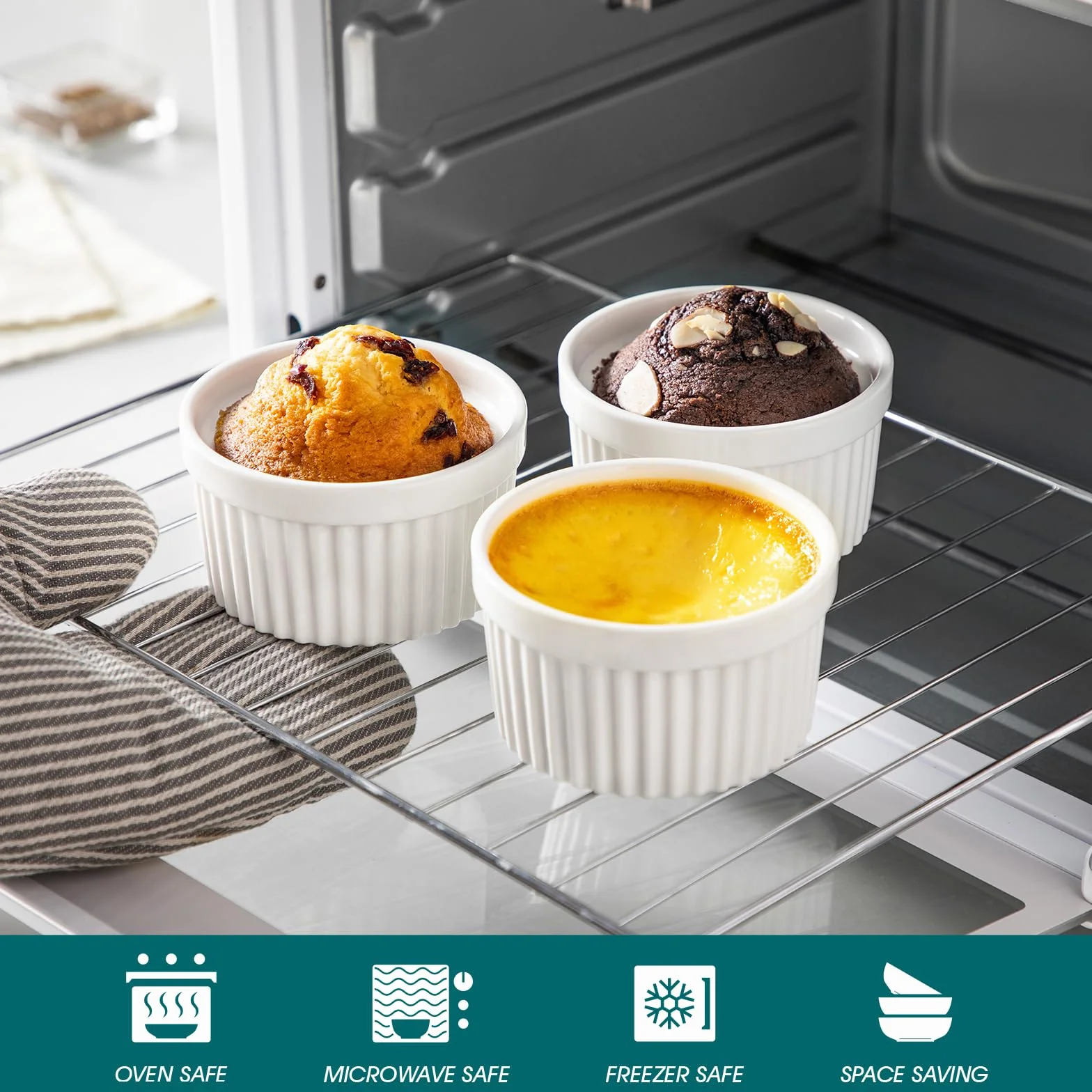 vancasso Ramekins 230 ml z pokrywkami, zestaw 6 naczyń do sufletu, 10,1 cm, biała porcelana, kremowe ramekiny, kubki do pieczenia pudddingu, owoców, dipów, zmywarki i piekarnika