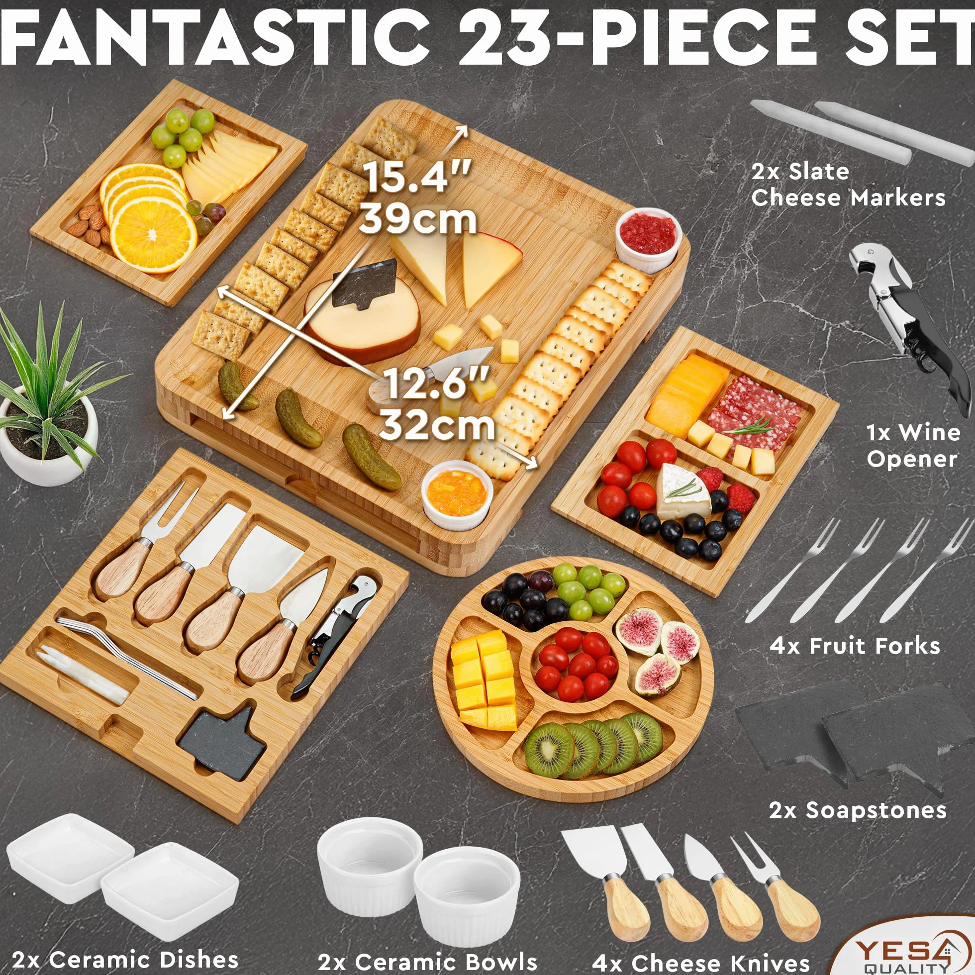 Charcuterie Boards Premium Gift Set - 23 Pieces, Bamboo - Large Cheese Board + Tray for Mother's Day, Birthday, Housewarming, Wedding Shower