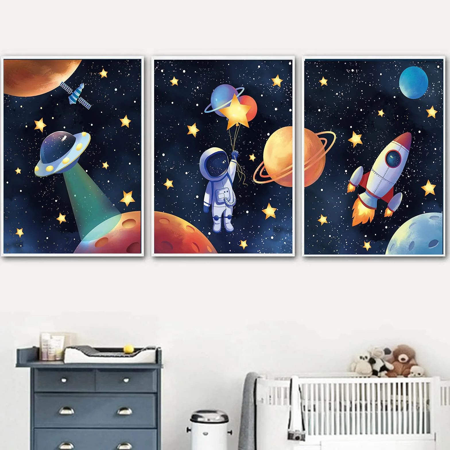 MWOOT Kosmiczny astronauta, płócienny plakat do sypialni chłopców, dekoracja ścienna, 3 szt. pokój zabaw dla dzieci, druk na ścianę (30 x 40 cm), układ słoneczny, rakieta, plakat ścienny, duży