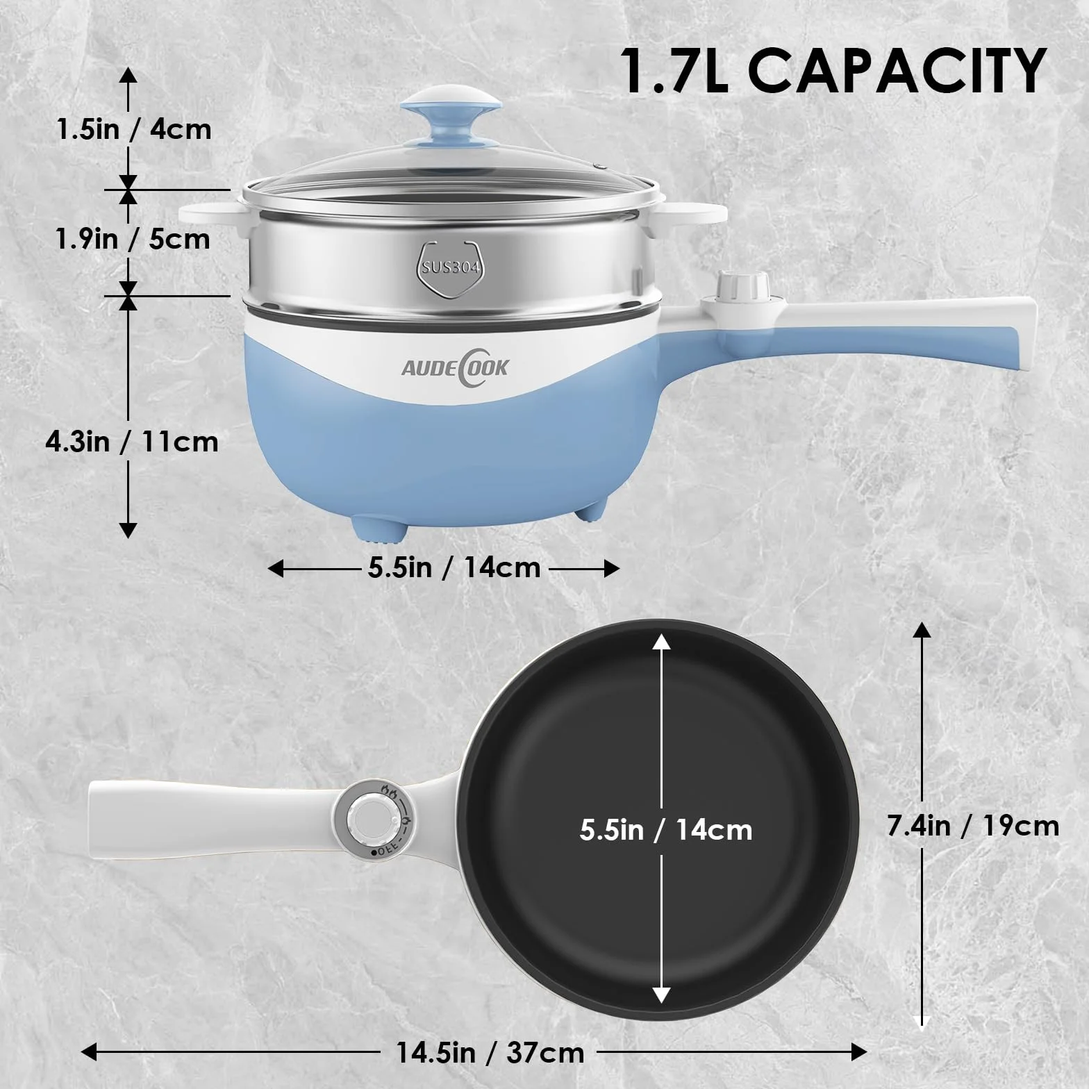 Audecookelektryczny Hot Pot z parowarem, 1,7 l/20 cm, wielofunkcyjna kuchenna patelnia, nieprzywierająca, mini patelnia do akademika
