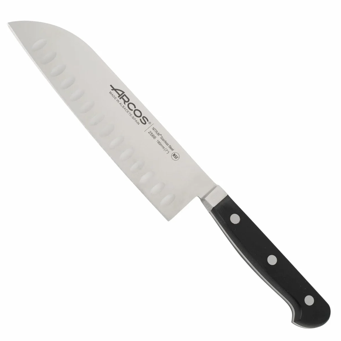 Arcos 256600 Seria Clasica - nóż Santoku nóż w stylu azjatyckim, ostrze z kutej stali nierdzewnej nitrom, 180 mm, uchwyt z polioksymetylenu (POM) kolor czarny