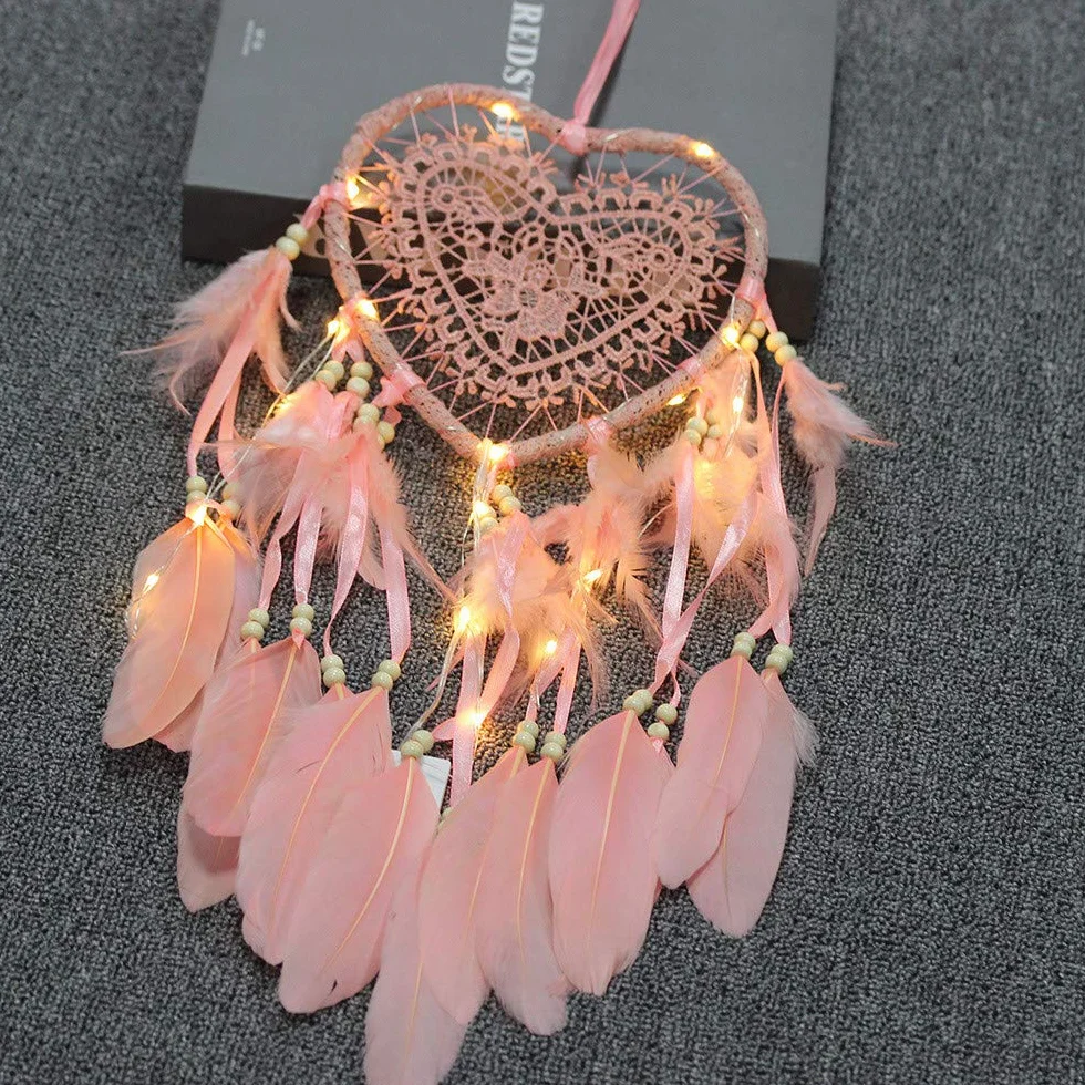 łapacz snów w stylu boho, w kształcie serca, ręcznie wykonany, lampa LED, ozdoba na ścianę, romantyczna dekoracja (kolor różowy, ze światłami)