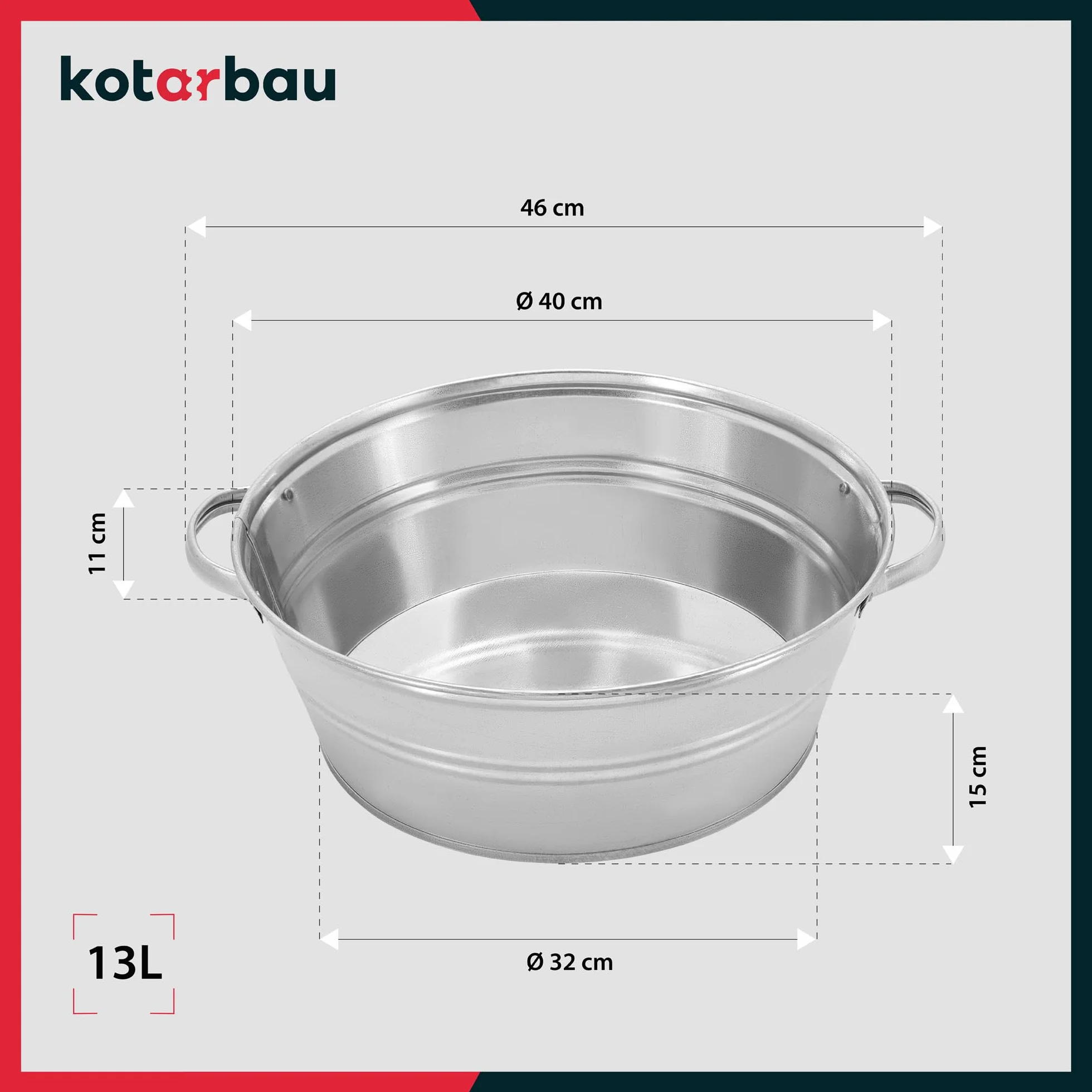 KOTARBAU® Miska Ocynkowana - 13 L - Misa Stalowa z Uchwytami - Miska Metalowa na Kwiaty - Rustykalna