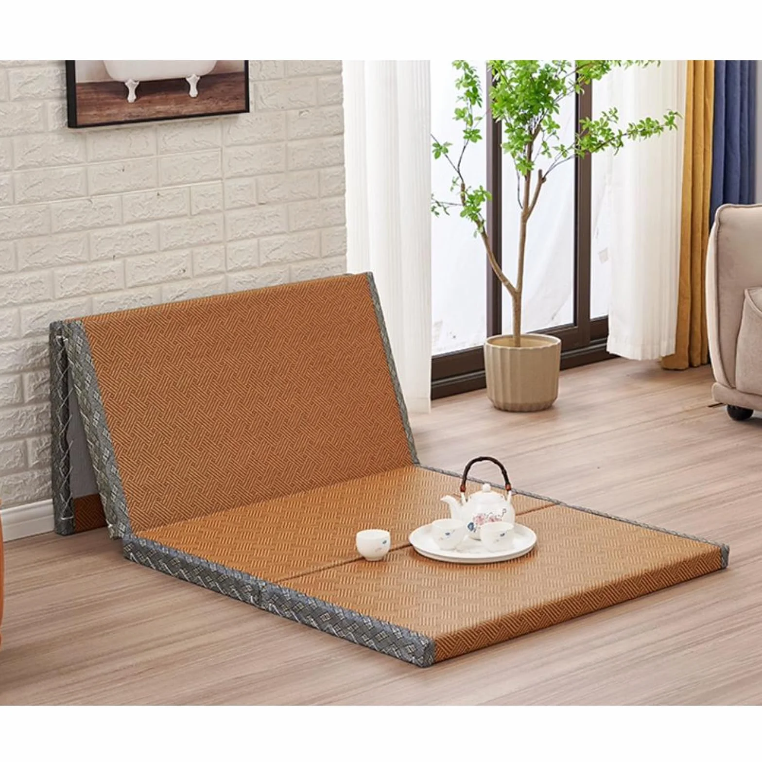 Japońska mata tatami składana 80 x 200 cm brązowa rush do jogi i medytacji