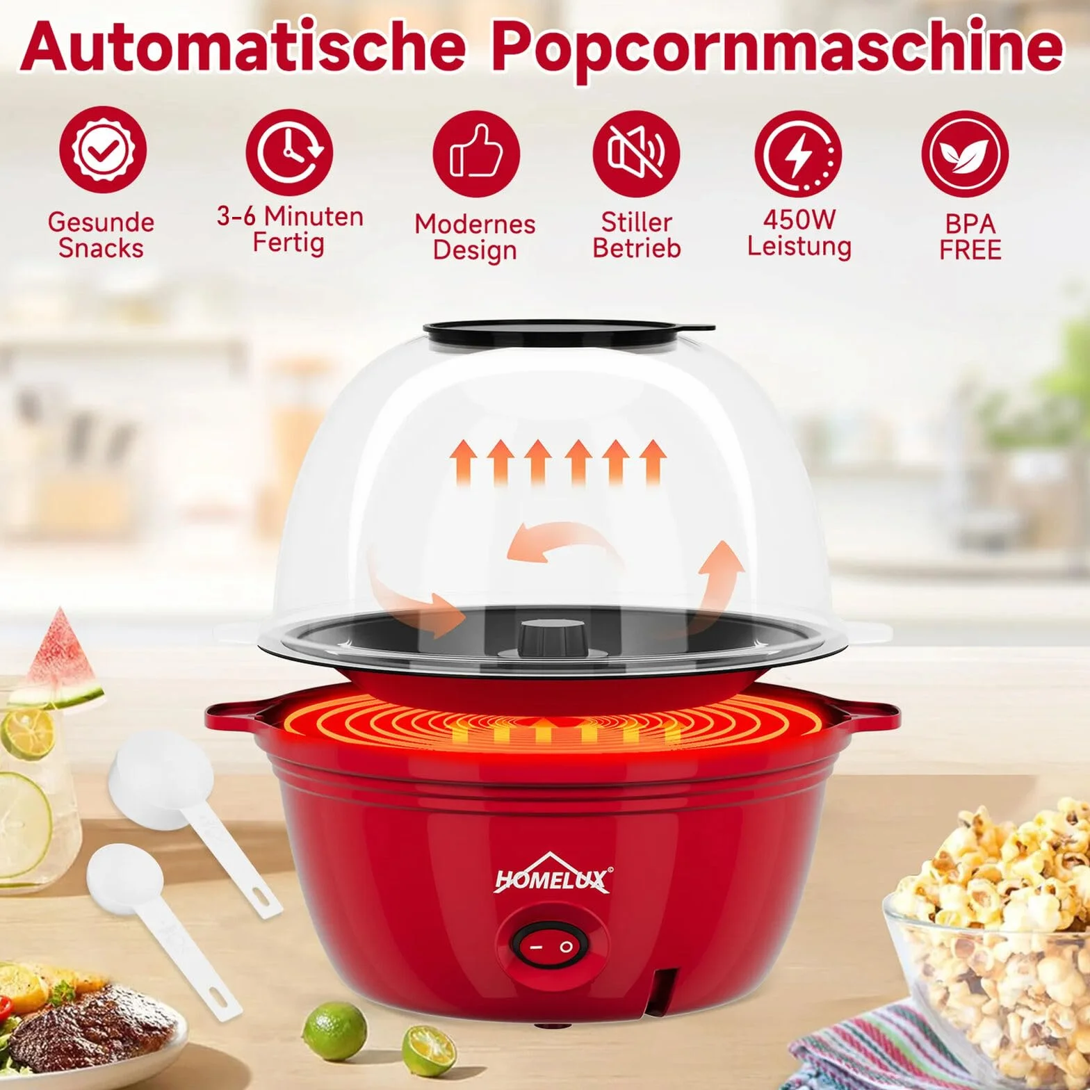 HOMELUX Maszyna do popcornu 450 W, z miarką z powłoką zapobiegającą przywieraniu, do domu, na imprezę, dla dzieci, pokrywka jako miska do serwowania, cicha i szybka czerwień