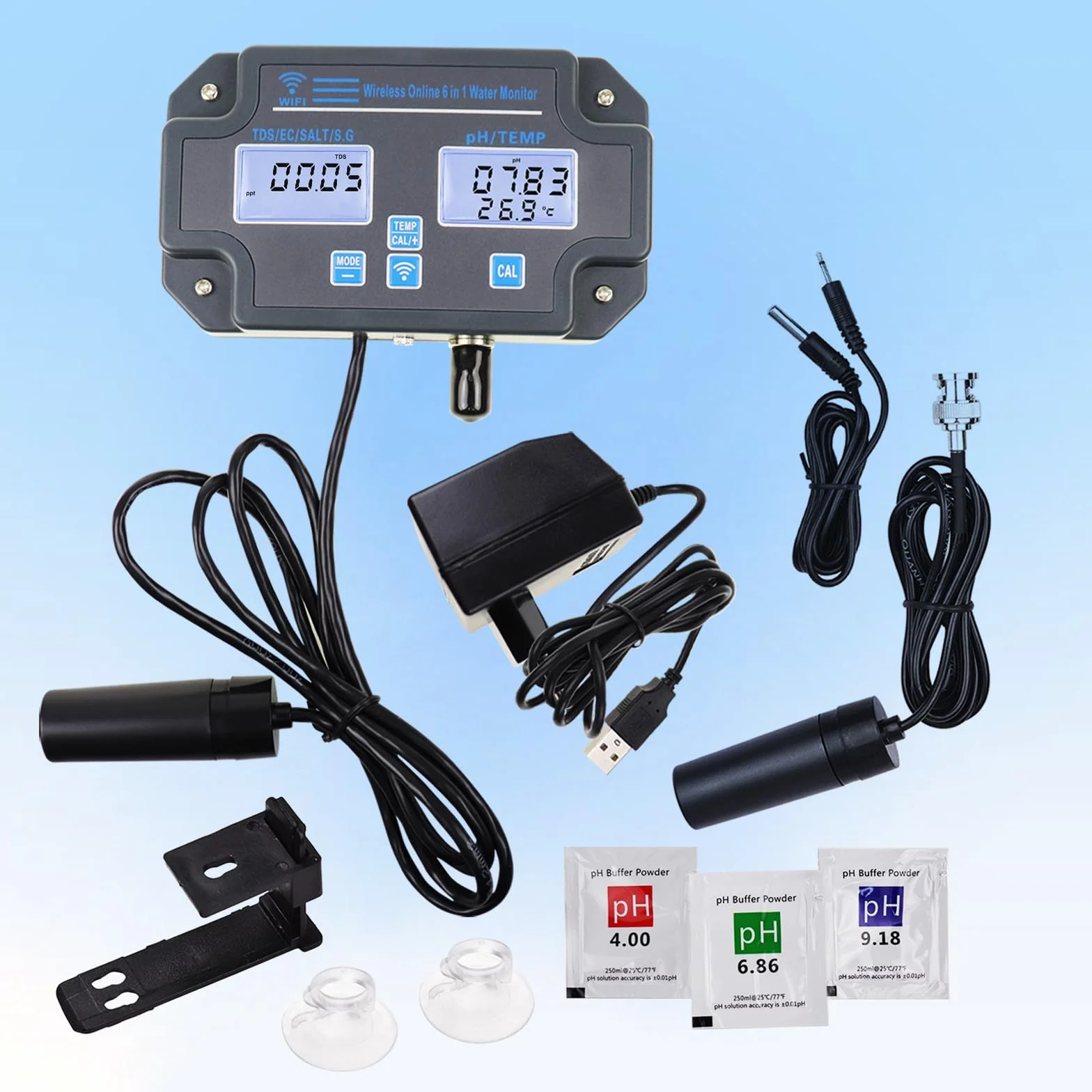 Tester jakości wody WLAN, monitor pH 6 w 1, mierzy pH/EC/TDS/zasolenie/ciężar i temperaturę, 24-godzinny monitoring aplikacji online i zapisywanie krzywych danych, miernik pH montowany na ścianie
