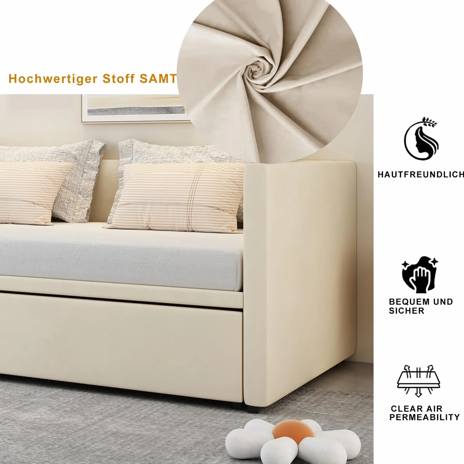 DULRLLY Aksamitna rozkładana sofa z łóżkami wysuwanymi, rozkładana sofa 2-osobowa, 90, 180 x 200 cm, ze stelażem listwowym, do salonu, mieszkania, beżowa
