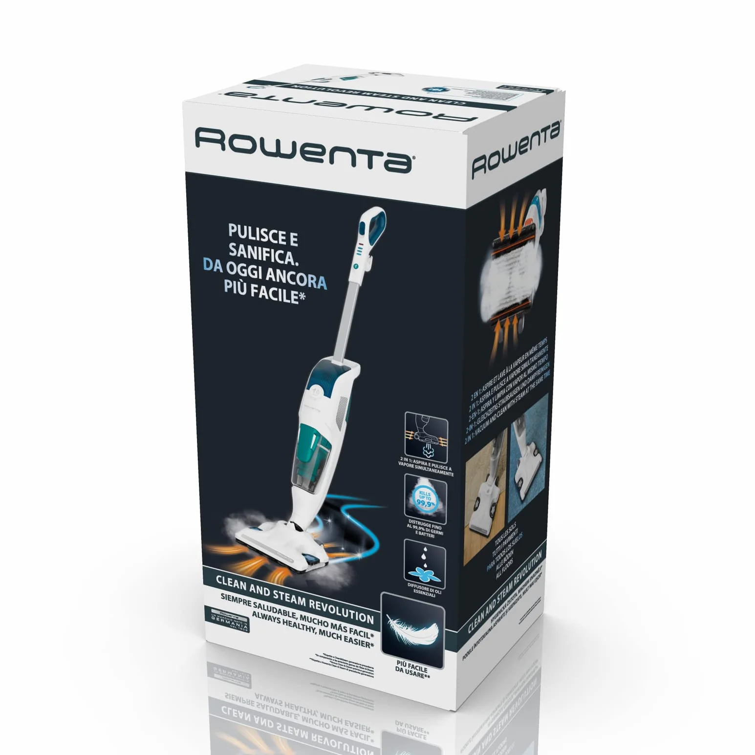Rowenta 2 w 1 odkurzacz parowy, jednocześnie ssie i myje, eliminuje 99,9% bakterii, do wszystkich podłóg, bez detergentów, dyfuzor olejków eterycznych, Clean & Steam Revolution RY7757WH