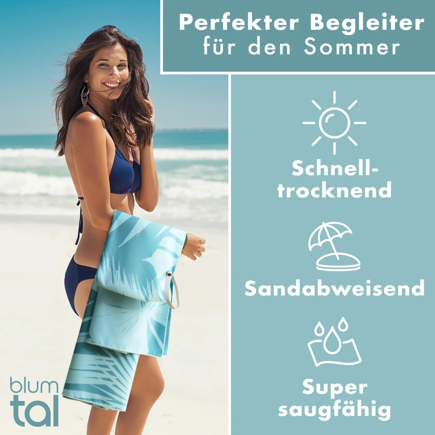 Blumtal Strandhandtuch 90x180cm aus Mikrofaser - kompaktes und schnelltrocknendes Handtuch/Strandtuch xxl - Stranddecke sandfrei mit Band - Badetücher schnelltrocknend mit türkisem Palmen-Motiv