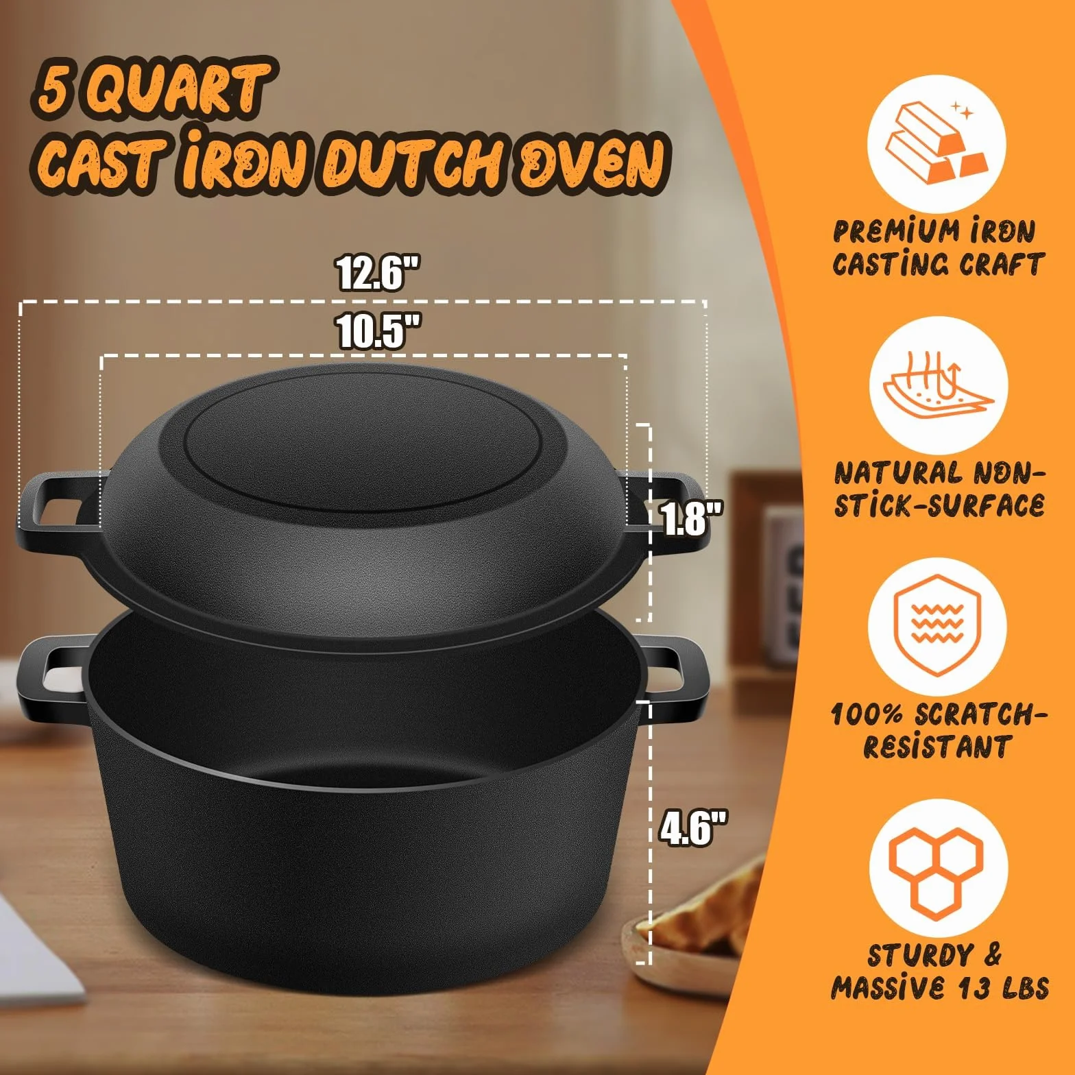 Żeliwny garnek Dutch Oven 26 cm do pieczenia chleba z pokrywką 2 w 1