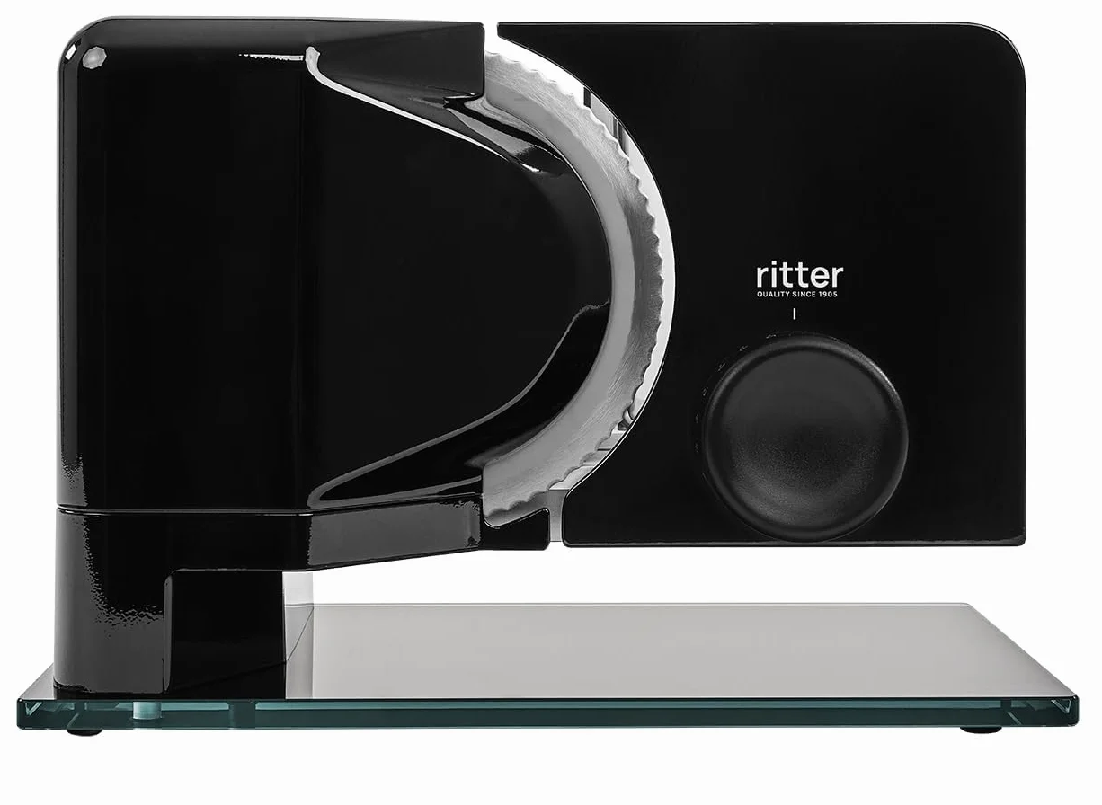 ritter sono 2 elektryczna krajalnica do chleba, wędlin i sera z metalową obudową i silnikiem ECO, Made in Germany, czarna