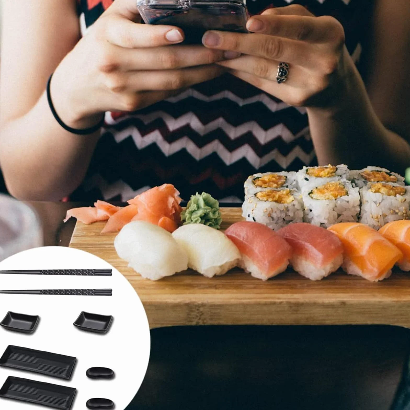 Talerz do sushi z miseczkami do dipów, naczynia do sushi z pałeczkami, japońskie talerze do sushi, zestaw azjatyckich naczyń, z 2 parami pałeczek, 2 półkami, 2 talerze, 2 talerze, czarny