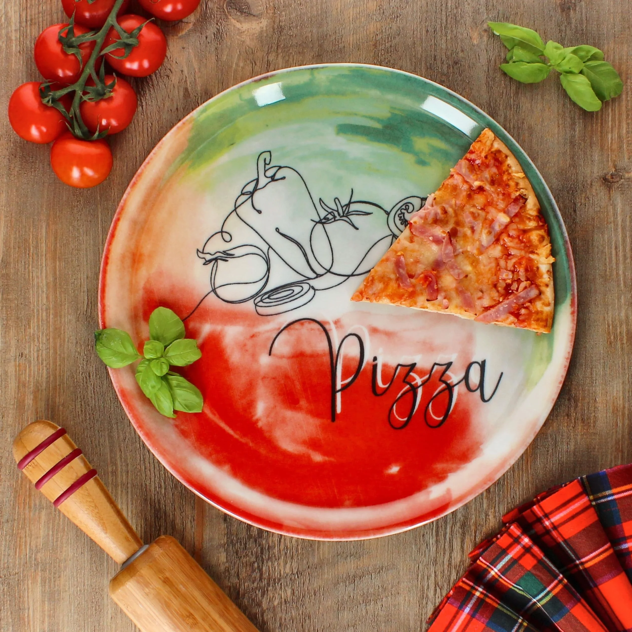 MamboCat Zestaw 2 talerzy do pizzy z warzywami i olejem, Ø 31 cm, dla 2 osób, duże talerze do pizzy z porcelany z dekoracją i napisem, do pizzy lub do przyrządzania I talerz obiadowy XL, półmisek do