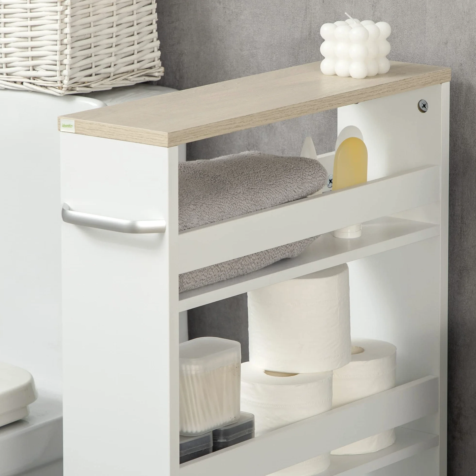 kleankin Wózek do przechowywania, 3-poziomowy, wózek magazynowy, regał na kółkach, do wąskiej kuchni, łazienki, pralni, biura, z uchwytem, 48 x 15 x 80 cm, biały