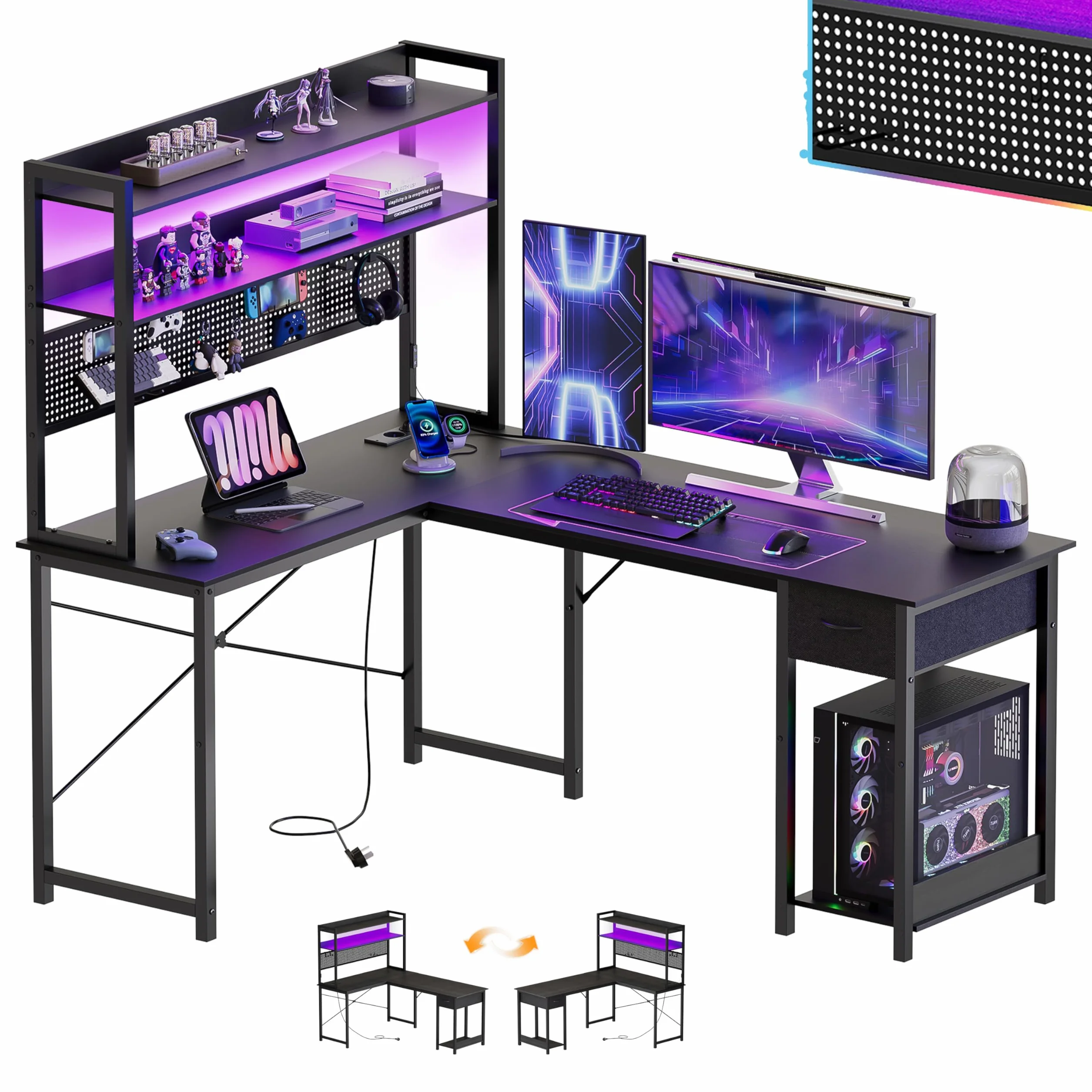 YOUDENOVA biurko narożne gamingowe z perforowaną ścianką 155 x 100 cm z gniazdkami i USB