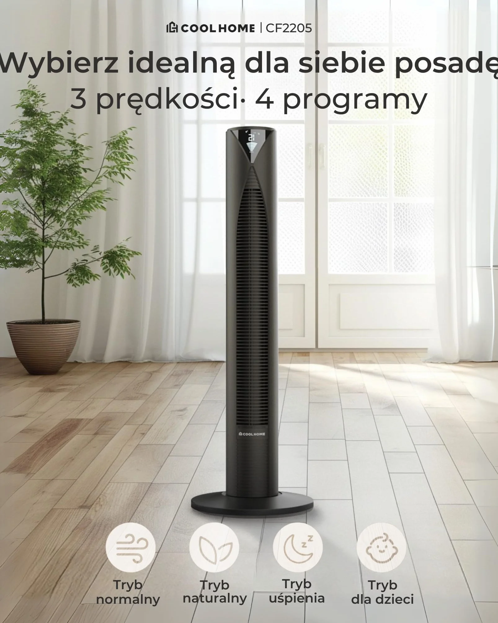 CF2205 - wentylator wieżowy z pilotem zdalnego sterowania - 96 cm - ściemniany ekran LED - czarny