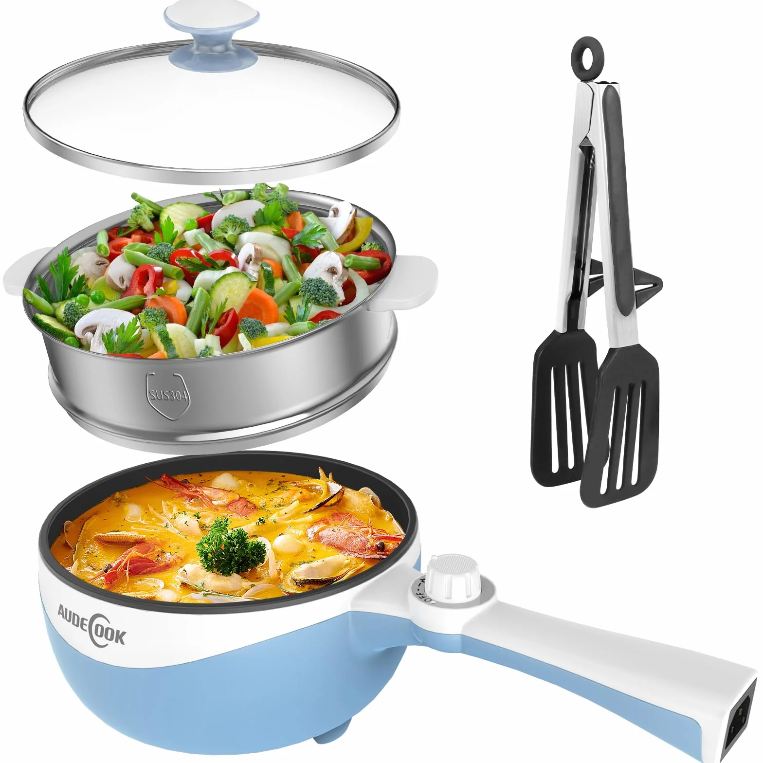 Audecookelektryczny Hot Pot z parowarem, 1,7 l/20 cm, wielofunkcyjna kuchenna patelnia, nieprzywierająca, mini patelnia do akademika
