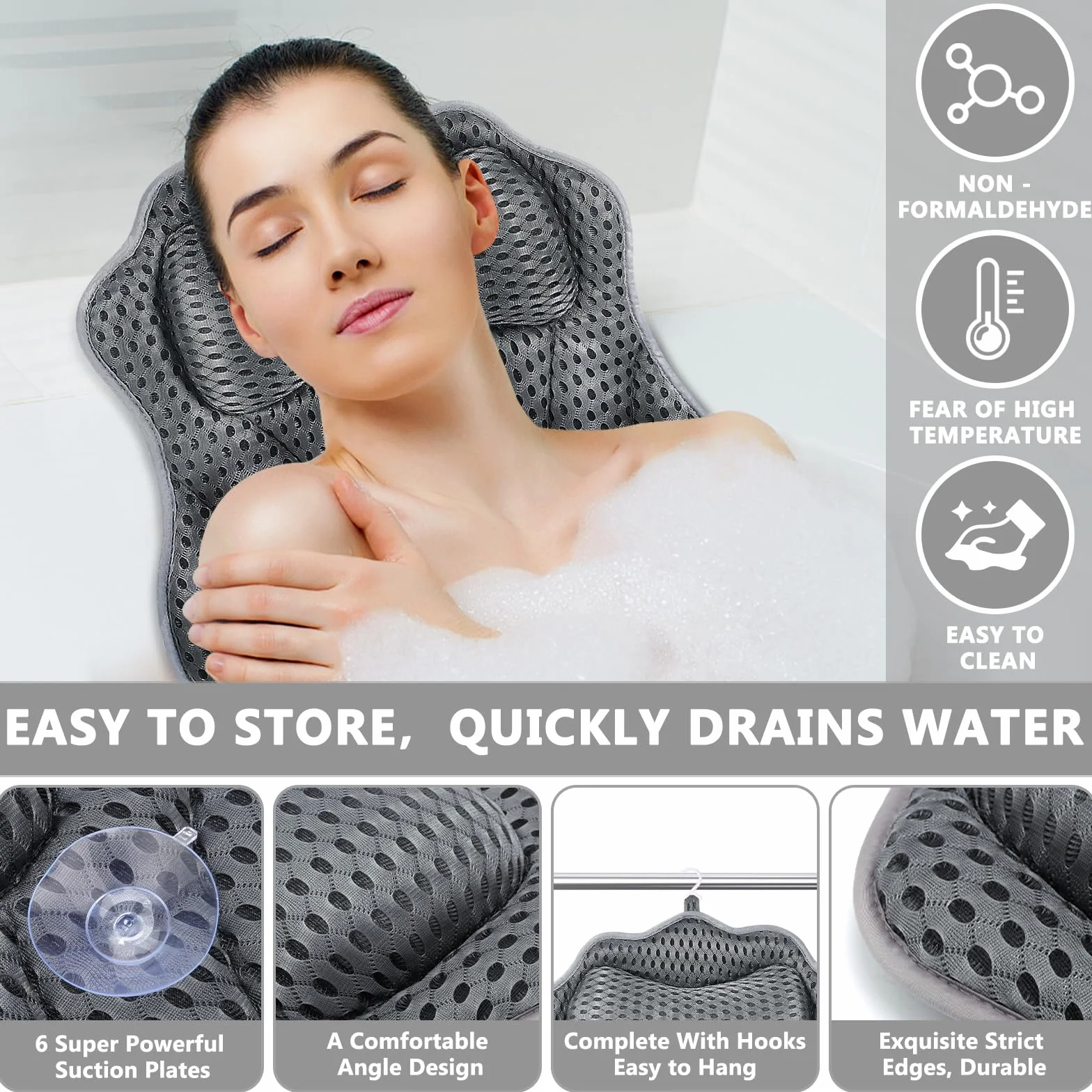 Poduszka do wanny z przyssawkami, poduszka do kąpieli jako poduszka pod kark i kark, z technologią 4D Air-Mesh, kark i plecy w wannie z 6 przyssawkami, poduszka do kąpieli spa, Szara