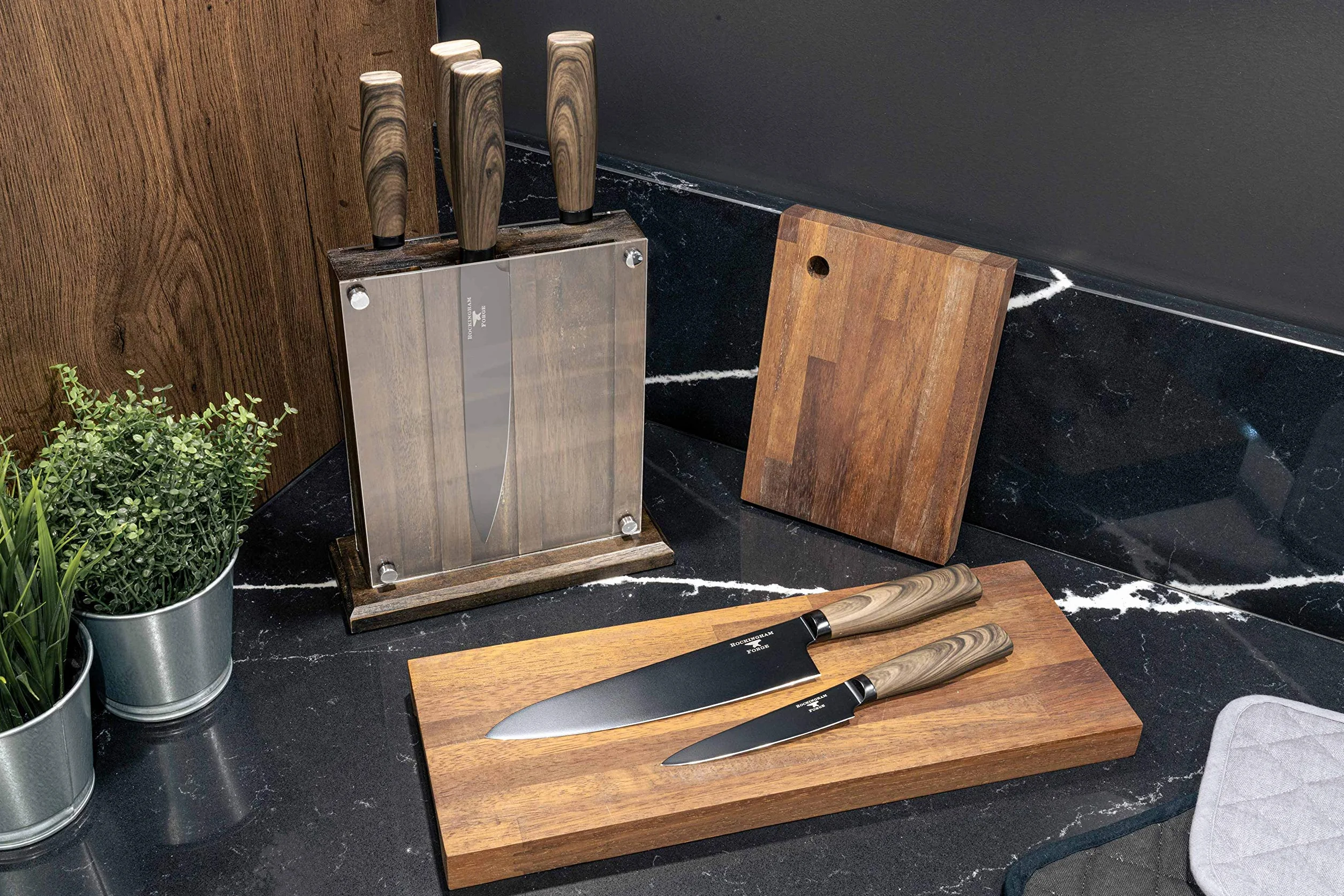 Nóż santoku Rockingham Forge Forester Series 7” - Ostrze ze stali nierdzewnej z czarną powłoką oksydacyjną Ergonomiczna drewniana rękojeść Nóż japoński, RF-6183P