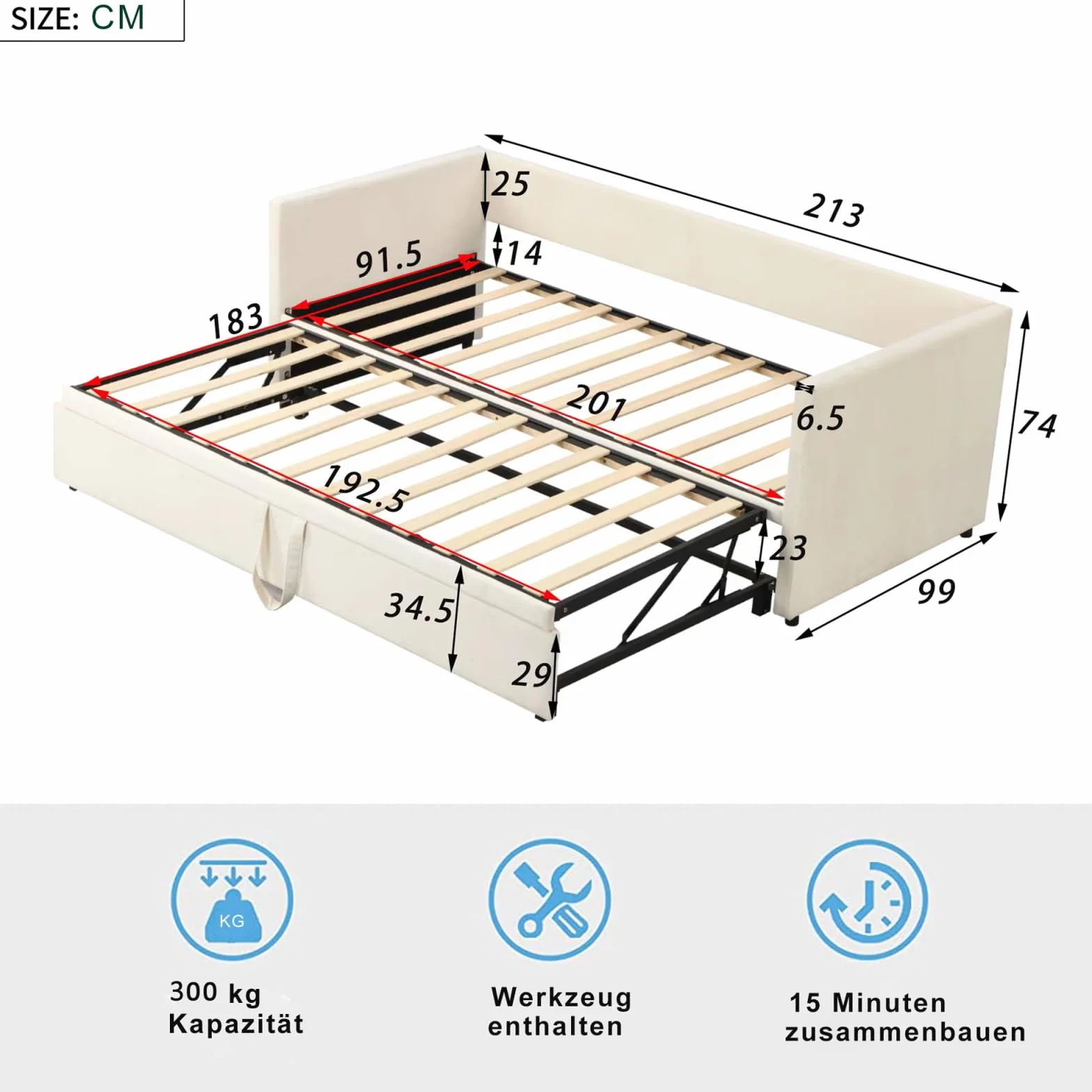 DULRLLY Aksamitna rozkładana sofa z łóżkami wysuwanymi, rozkładana sofa 2-osobowa, 90, 180 x 200 cm, ze stelażem listwowym, do salonu, mieszkania, beżowa