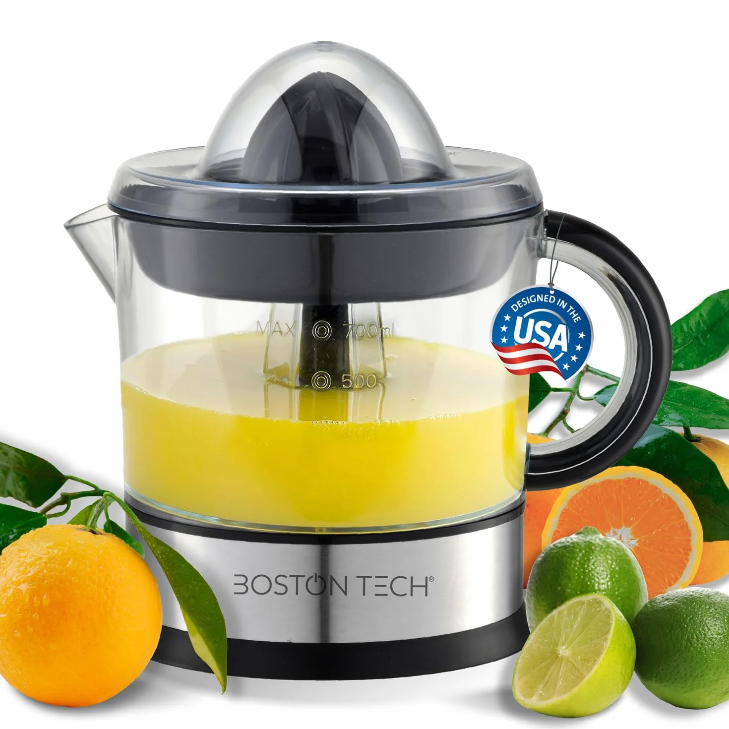 Boston Tech MasterJuicer elektryczna wyciskarka do cytrusów, 40 W, 2 stożki i nie zawiera BPA, 700 ml, wyciskarka do pomarańczy ze stali nierdzewnej, dwukierunkowa rotacja, wysoka wydajność soku i