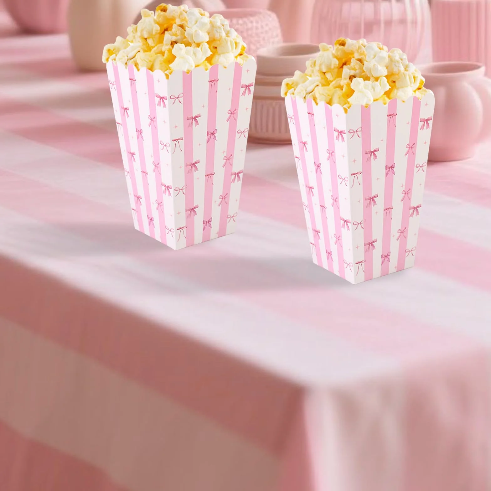 BOXOB 24 Sztuki Różowych Pudełek na Popcorn z Kokardą, Małe Pudełka Przekąski Ciasteczka Cukierki Pojemniki na Popcorn dla Chłopców i Dziewcząt Artykuły Przyjęcia Urodzinowe (Białe i Różowe)