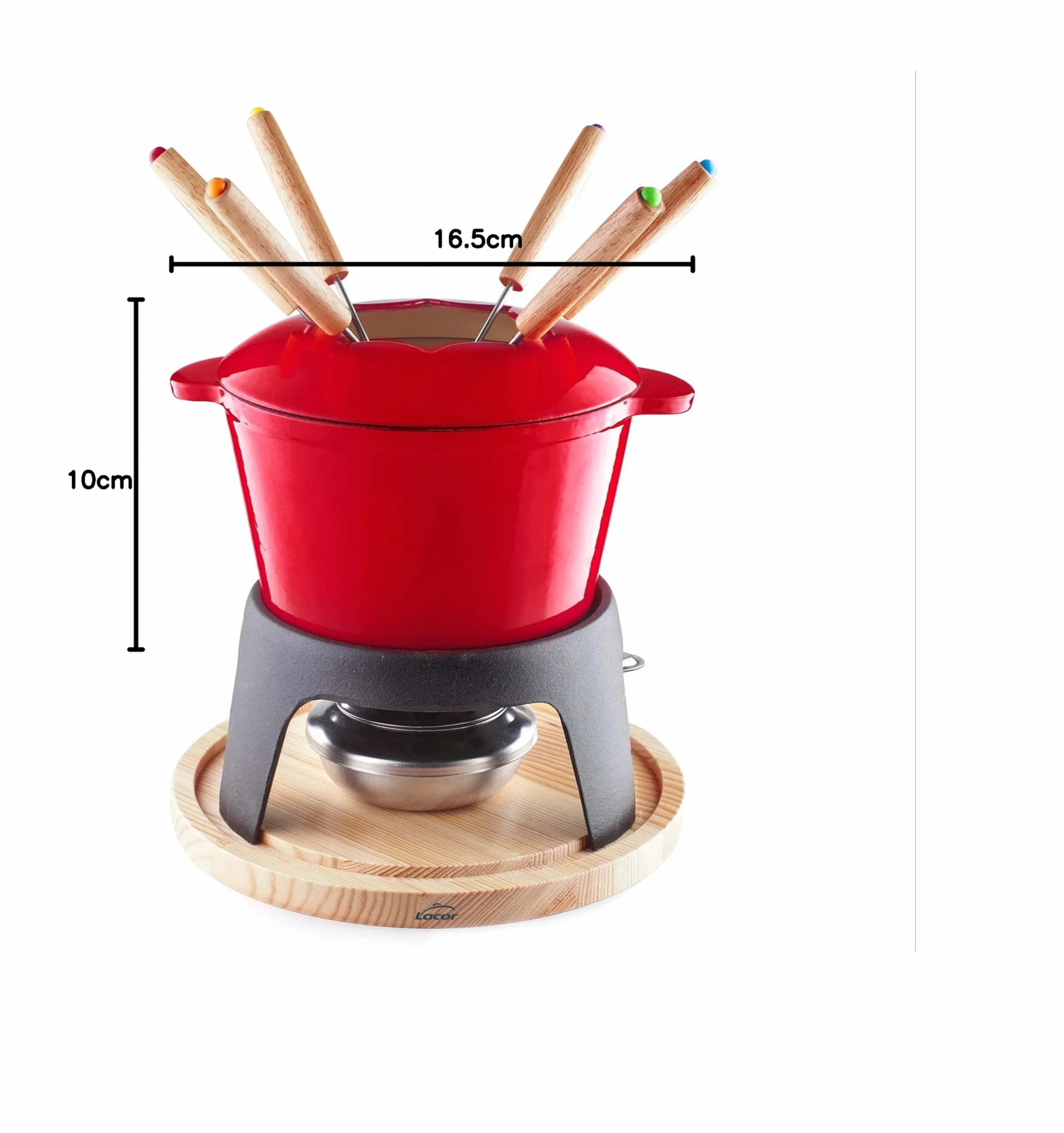 Lacor - 71711 - Zestaw Żeliwnych Fondue Emaliowanych, Żeliwnych Podstaw, Nadaje Się do Indukcji, 6 Widelców, Średnica 16,5X10Cm (1,7 Litra),Czerwony