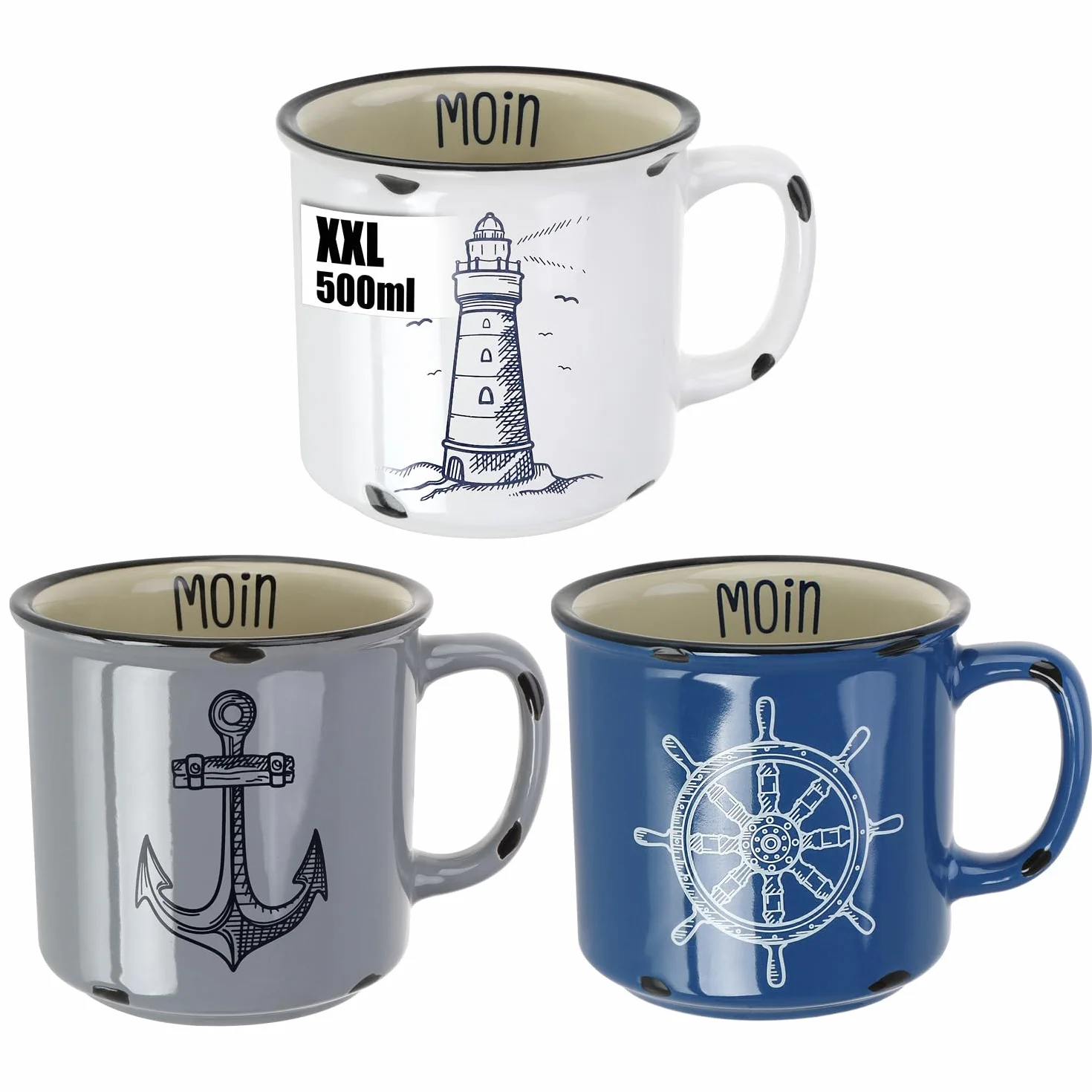 Porcelanowy kubek do kawy XXL 500 ml 3 sztuki biały niebieski szary