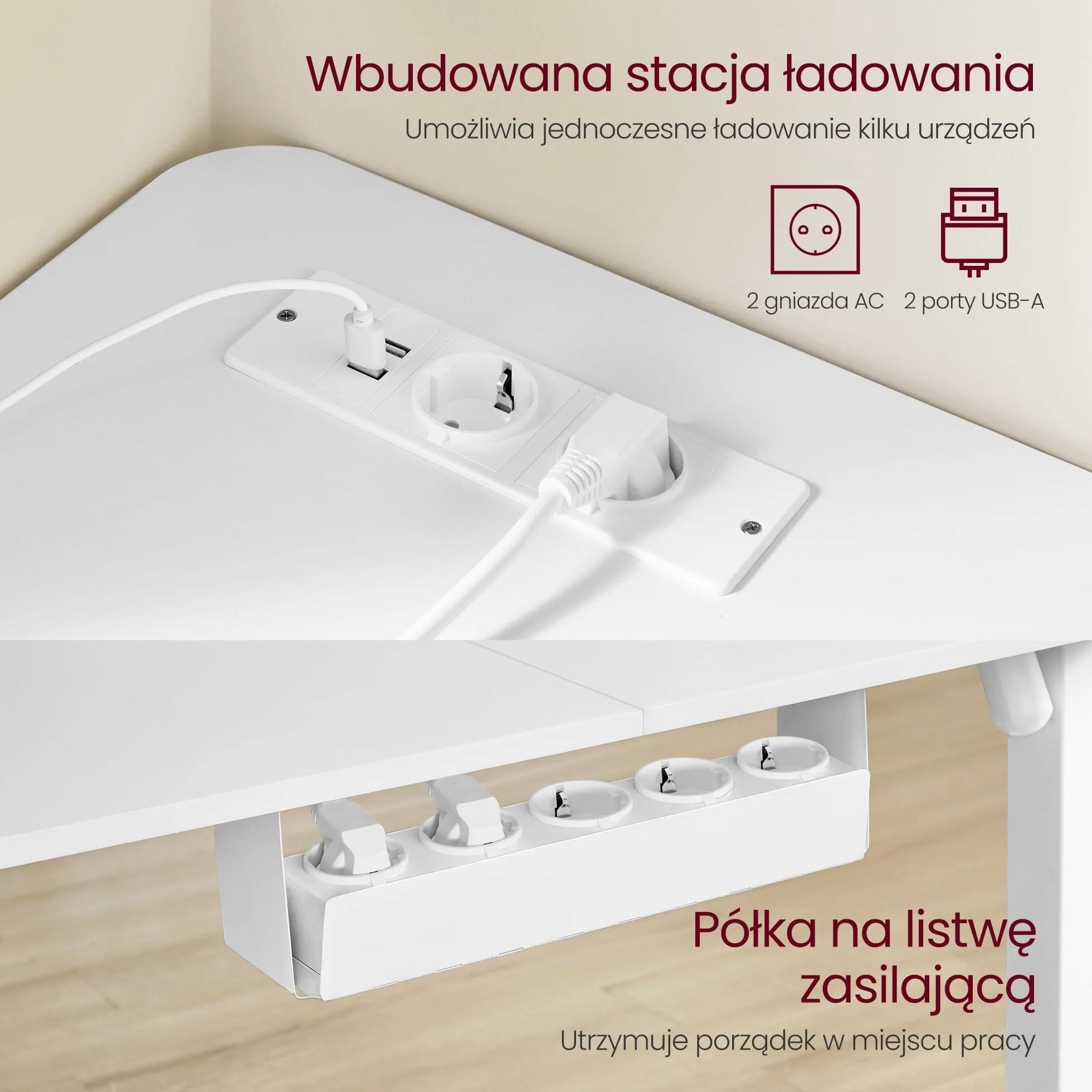 VASAGLE Biurko z elektryczną regulacją wysokości, narożne w kształcie litery L, 140 x 160 cm, z listwą zasilającą, 2 pamięci wysokości, do domowego biura, w kolorze białym i matowym LSD264W01