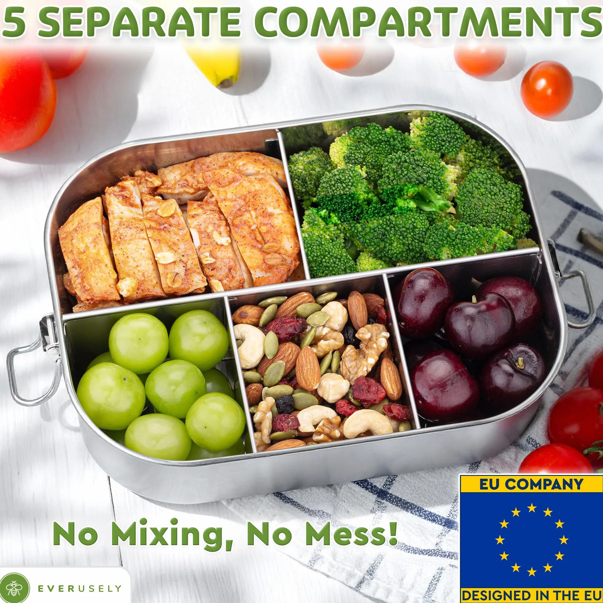 Everusely - Bento Box - Stainless Steel Lunch Box for Adults - 1.4 L - 5 Compartment Snack Container + Removable Silicone Seal + Secure Lock Clip