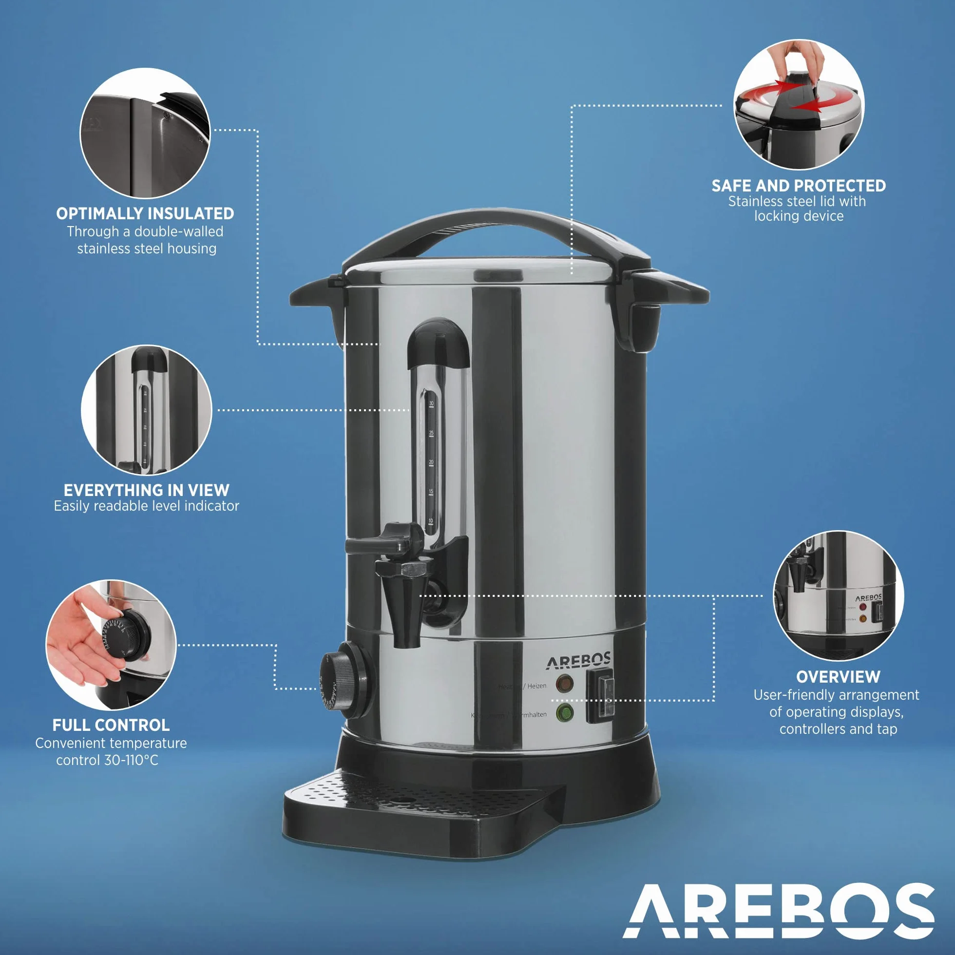 Arebos Dozownik gorących napojów 950W Bojler 6,8L 30 filiżanek Czajnik do gorącego wina ze stali nierdzewnej Podgrzewacz do kawy herbaty Termostat Regulacja temperatury 30-110°C
