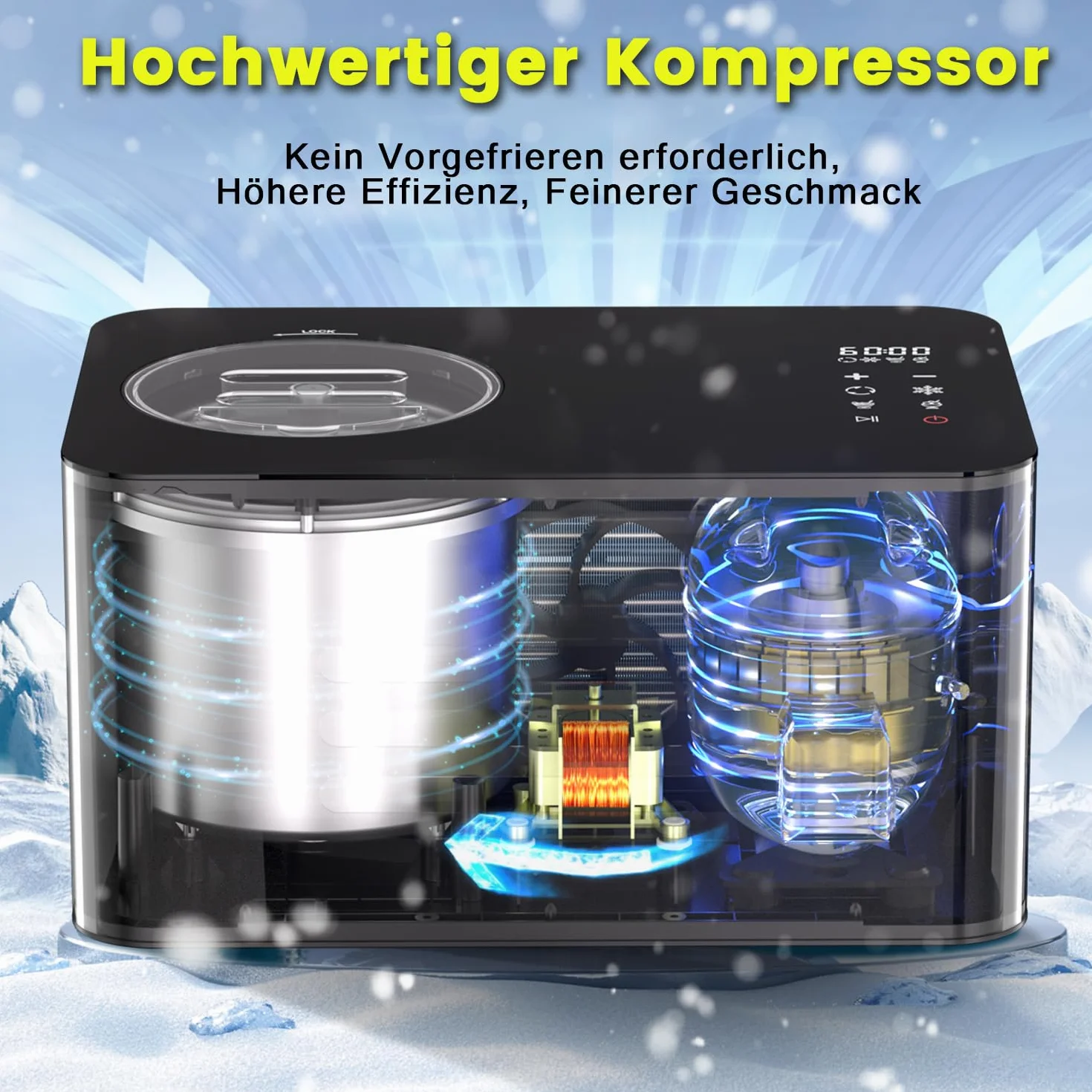 Vpcok Direct Maszyna do lodów z kompresorem,2L,150 W, Samonagrzewająca się Maszyna do Lodów, ze Stali Nierdzewnej, z 4 Trybami Produkcji, Wyświetlaczem LED, Panel Dotykowy do Lodów, Mrożonego