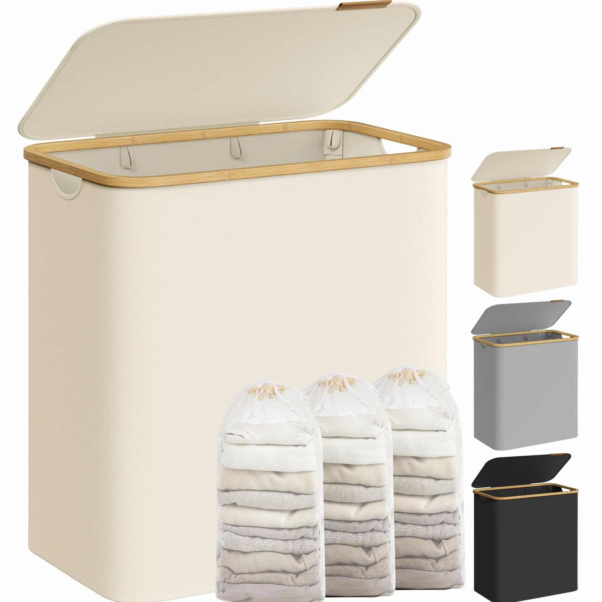 SONGMICS Kosz na pranie z pokrywką z 3 przegródkami, 150 l, zdejmowana torba, tkanina Oxford, bambusowe uchwyty, składany, 60 x 38,5 x 70,5 cm, kremowo-biały LCB515W01