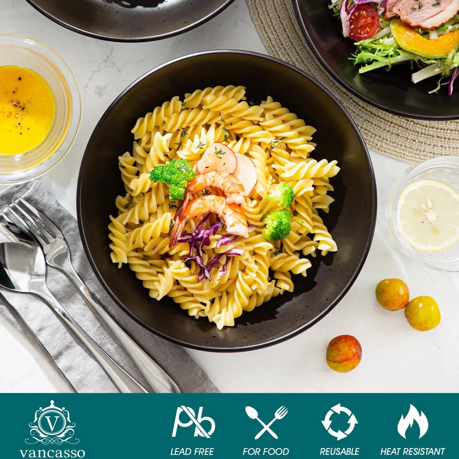 Vancasso MODA Zestaw 4 Głębokich Talerzy do Zupy, Makaronu, Spaghetti, Misek na Ramen i Sałatki - Wielofunkcyjne Naczynia z Kamionki