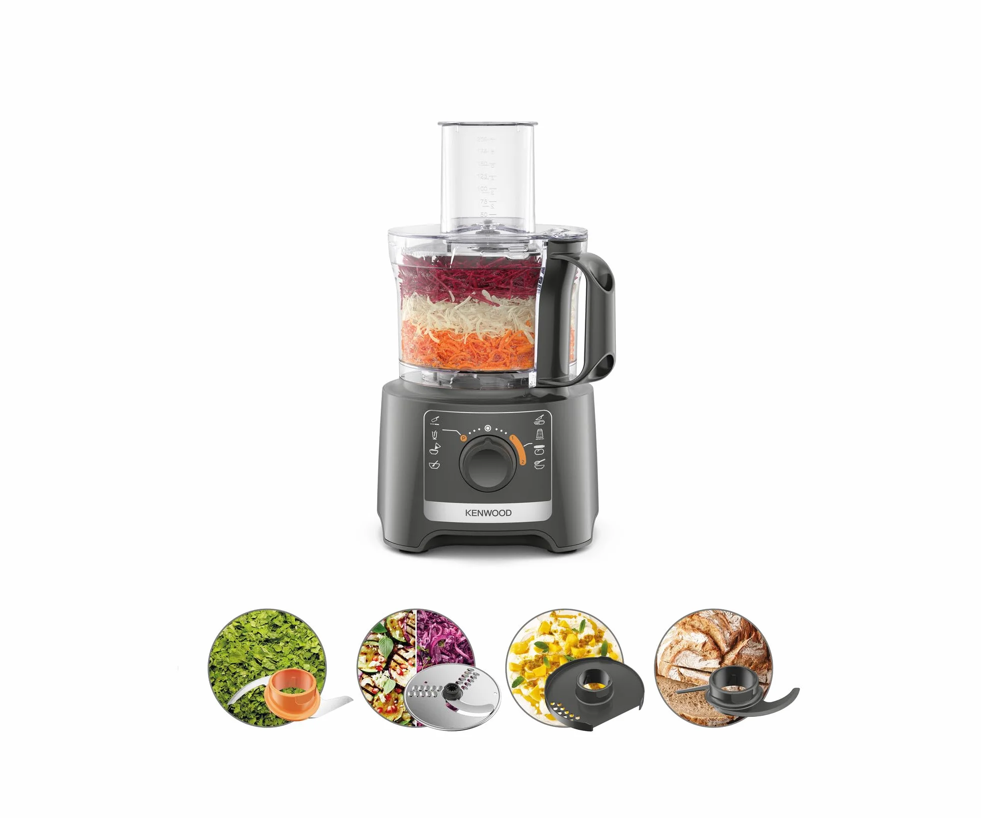 Kenwood Multipro Compact FDP31.020GY model 2023, robot rozdrabniacz kuchenny z 2 prędkościami przetwarzania + puls, miska 2,1 l, elektryczna maszynka do warzyw do tarczenia, ruszt i ugniatanie, 800w