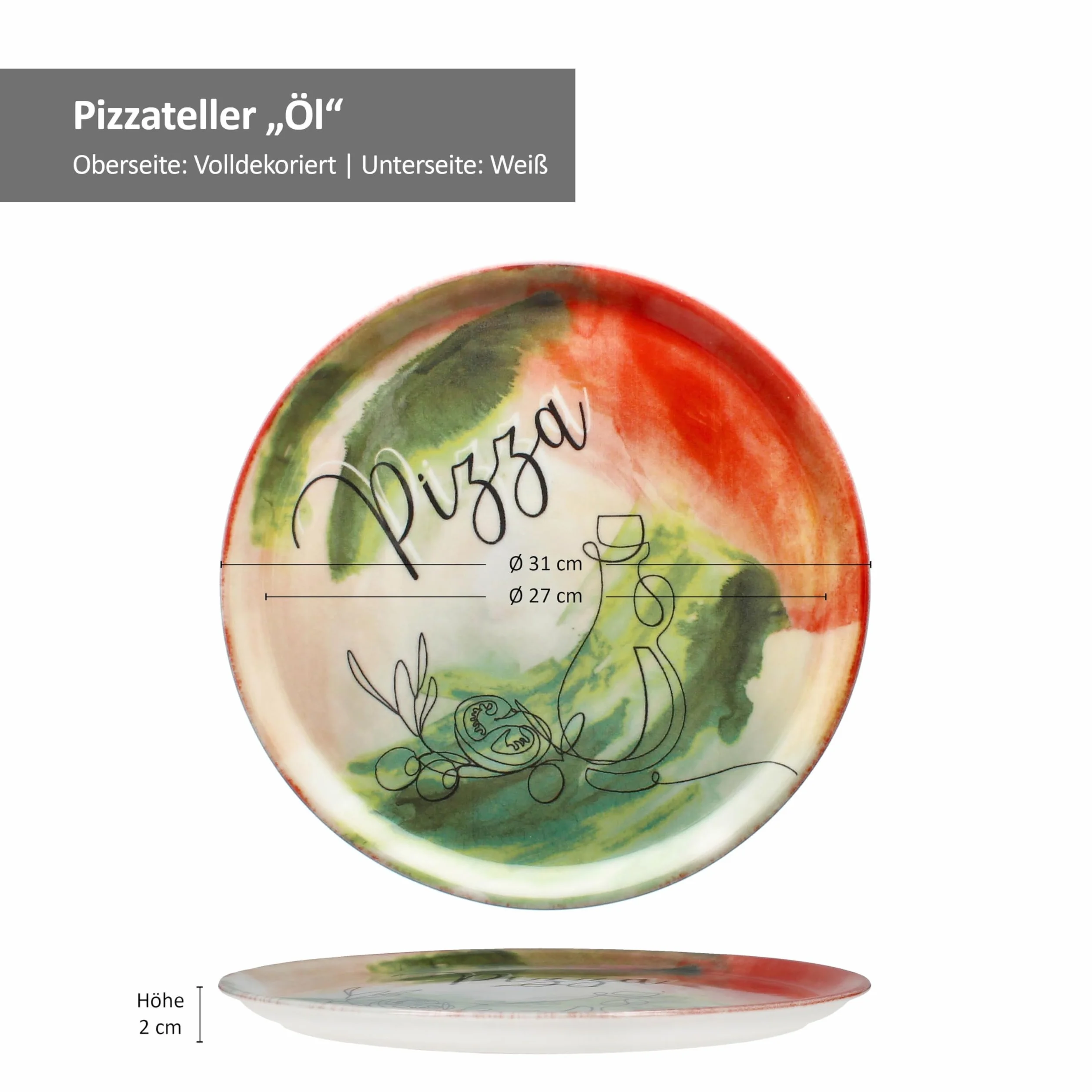 MamboCat Zestaw 2 talerzy do pizzy z warzywami i olejem, Ø 31 cm, dla 2 osób, duże talerze do pizzy z porcelany z dekoracją i napisem, do pizzy lub do przyrządzania I talerz obiadowy XL, półmisek do