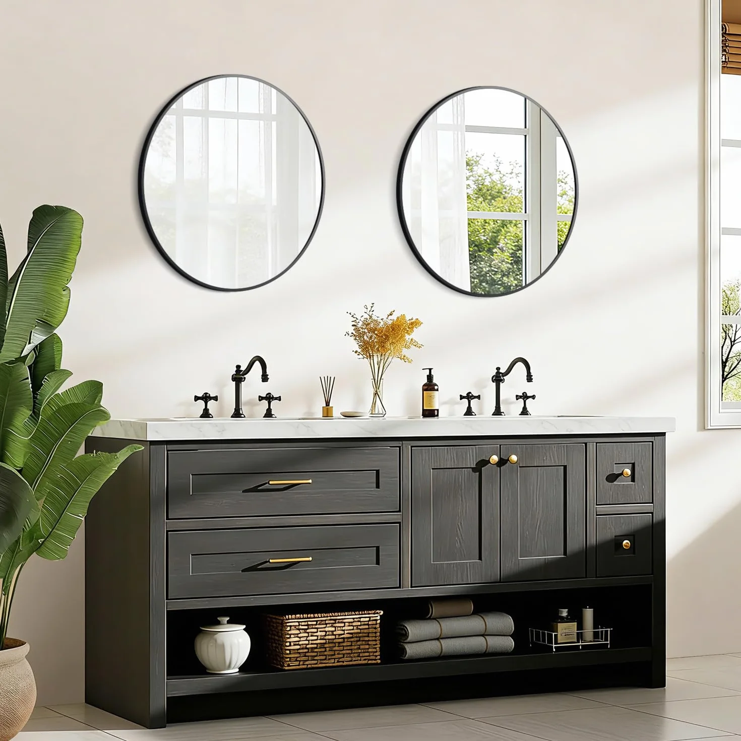 Lustro okrągłe, czarne, 60 cm, HD, lustro ścienne, nowoczesne lustro łazienkowe z aluminiową ramą, wiszące lub klejone, dekoracyjne okrągłe lustro do łazienki, korytarza, salonu, sypialni
