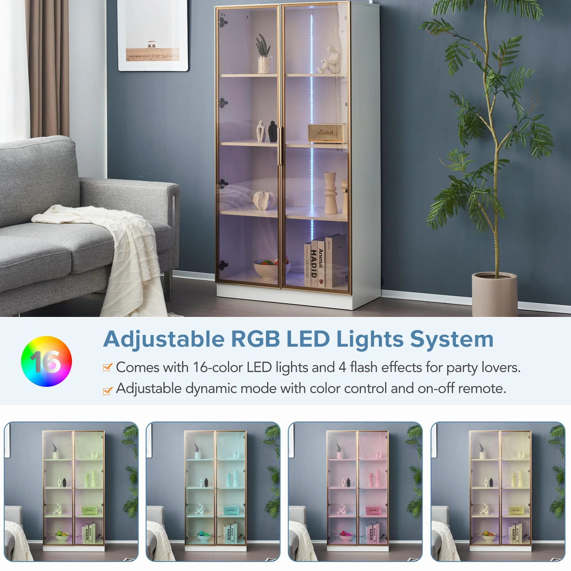 YESGIGA Witryna z białego szkła z 16-kolorowym oświetleniem LED, dwudrzwiowa, 80x40x160 cm