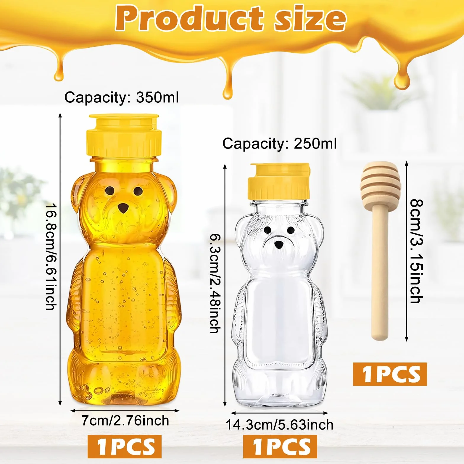 Wekuw 2 sztuki niedźwiedź dozownik miodu 250 ml 350 ml z łyżeczką do miodu dozownik syropu niekapiący przezroczysty wyciskacz z pokrywką słoik na miód słoiki na dżem mała butelka na sosy idealna do